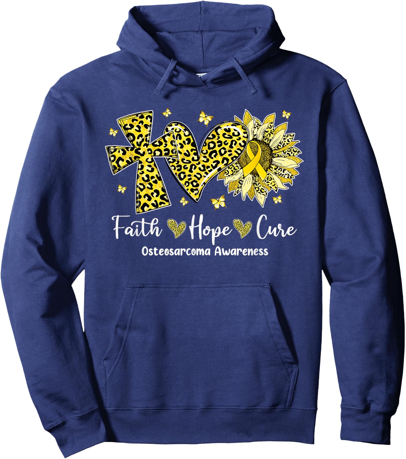 Faith Hope Cure Sunflower Leopard Osteosarcoma Awareness Hoodie - Hoodie | Navy