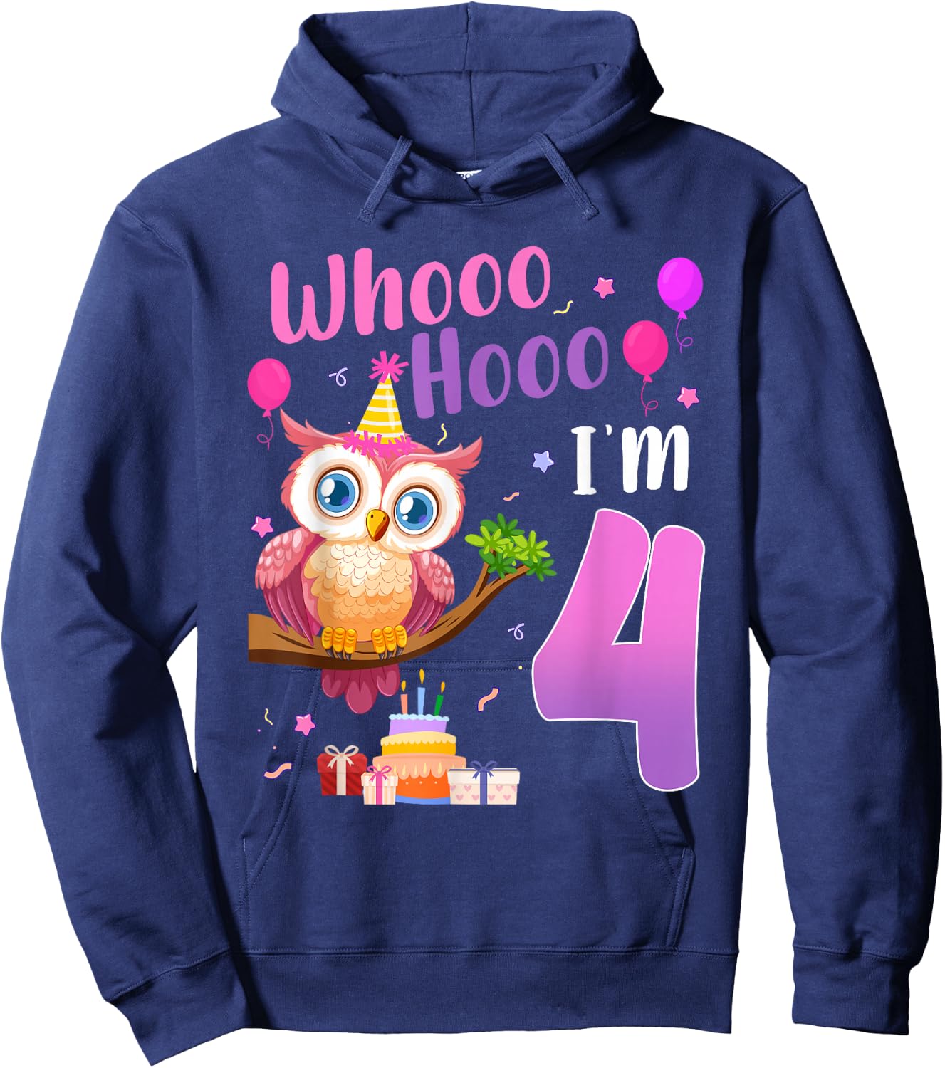 Whooo Hooo I’m 4 Year Old Cute Owl 4th Birthday Girl Hoodie - Hoodie | Navy