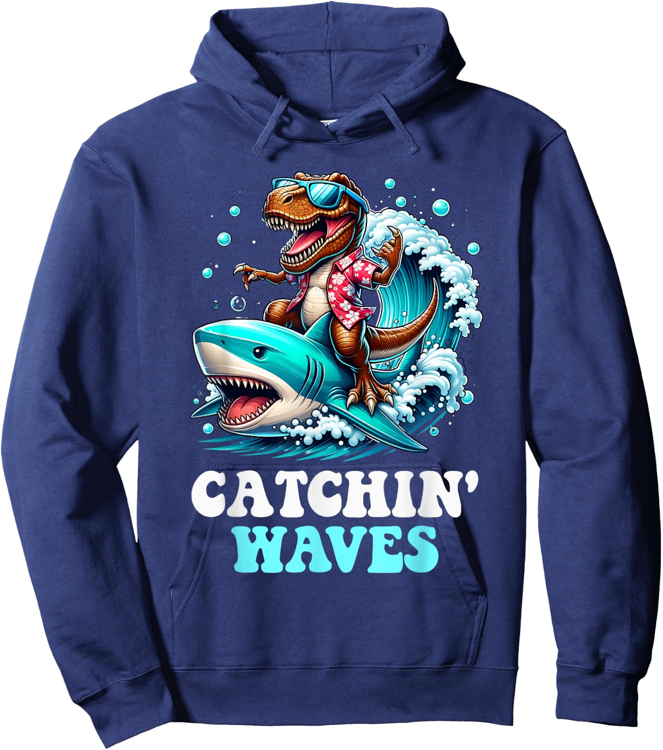 Catchin Waves T-Rex Dinosaur Riding Shark Surfing Wave Beach Women Kids Hoodie - Hoodie | Navy