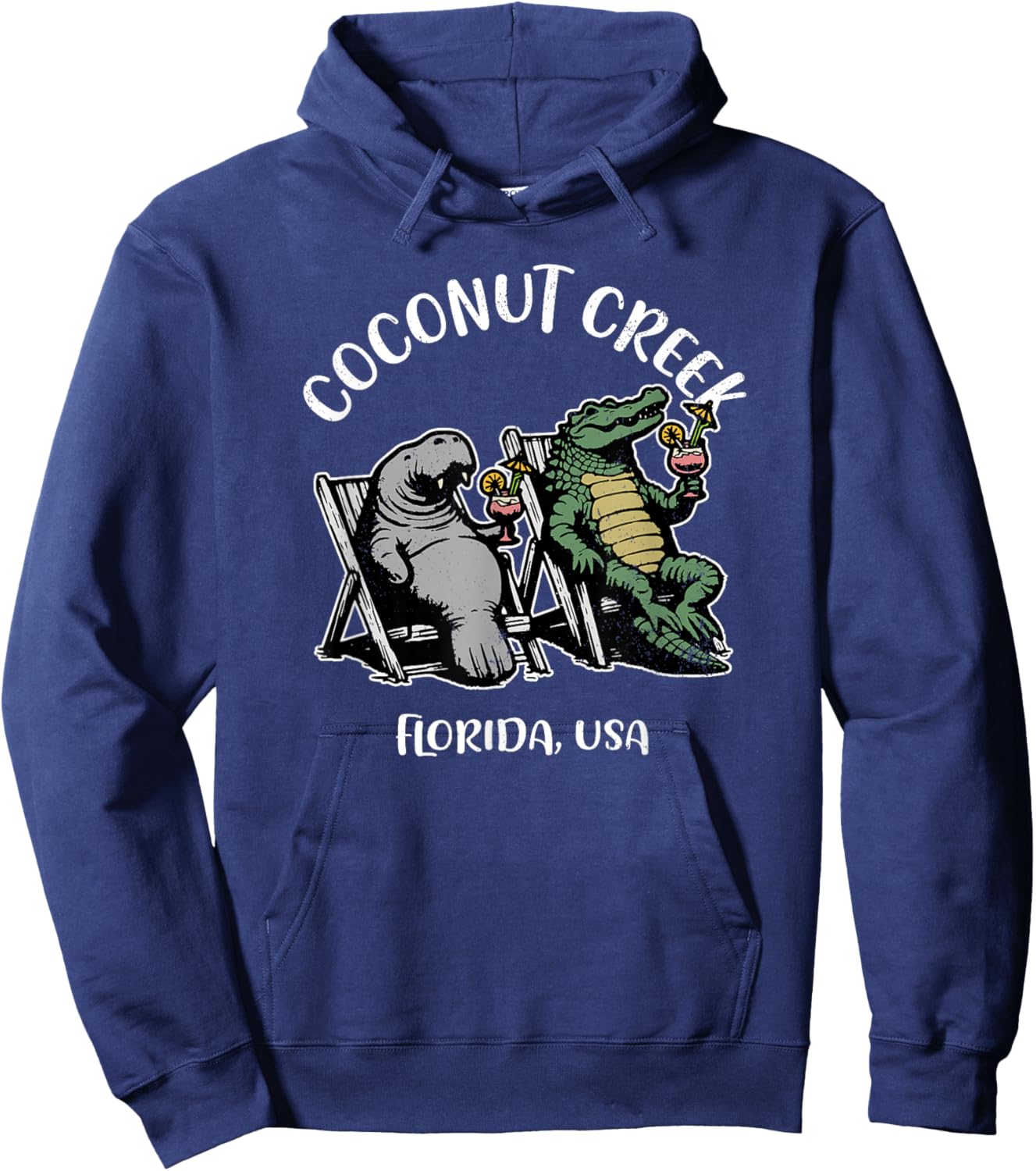 Coconut Creek Florida USA Funny Manatee and Alligator Design Hoodie - Hoodie | Navy
