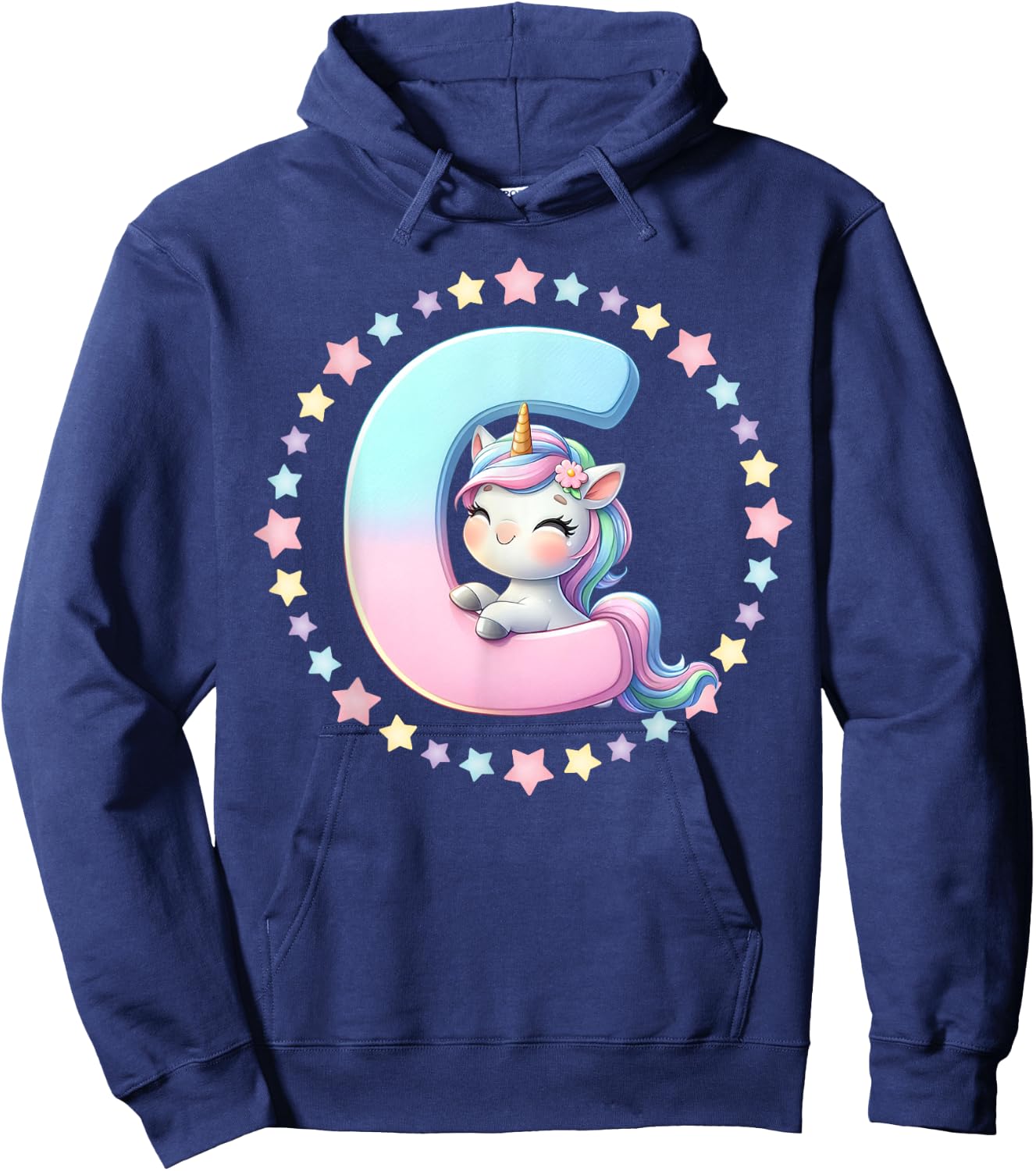 Unicorn Letter C Initial Rainbow Monogram Girls Kids Hoodie - Hoodie | Navy