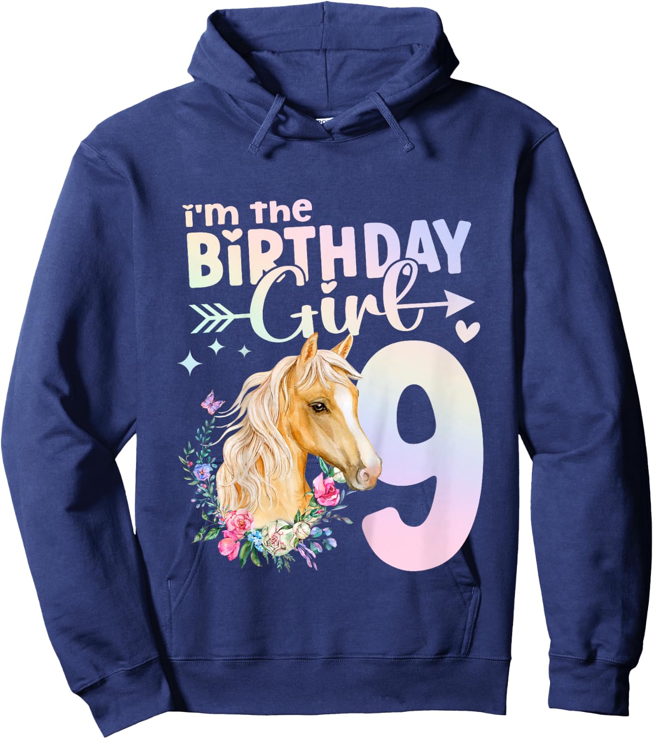 9th Birthday Horse Girl 9 Years Old Nine 9 Birthday Girl Hoodie - Hoodie | Navy