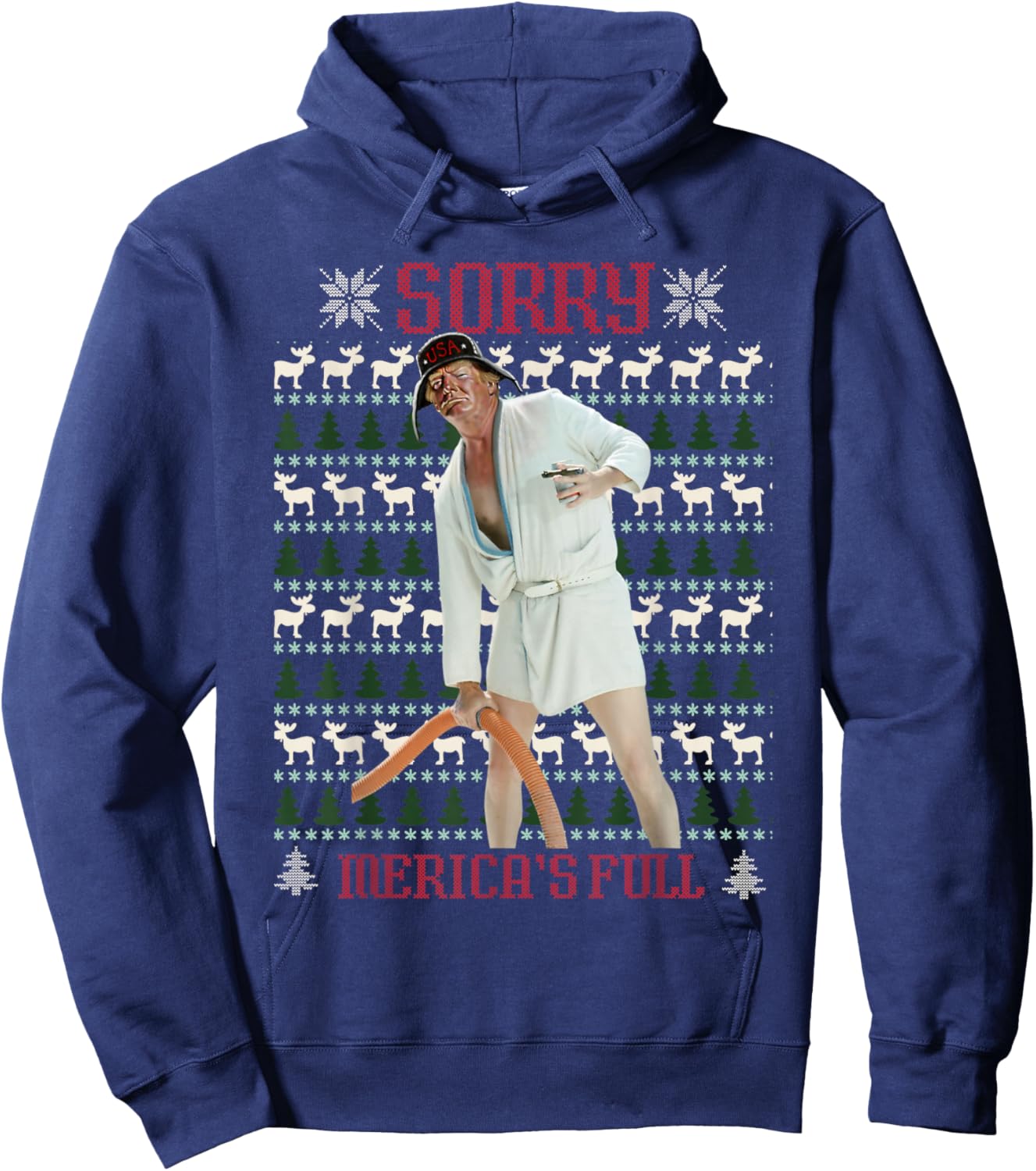Sorry Merica's Full Funny Trump Ugly Christmas Hoodie - Hoodie | Navy