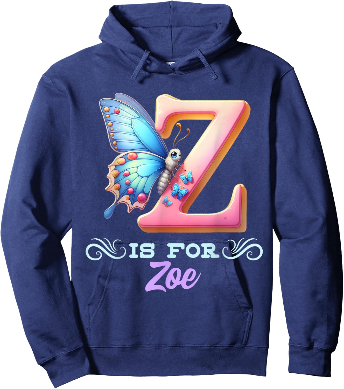 Z Is For Zoe Girly Butterfly And Flower Initial Name Hoodie - Hoodie | Navy