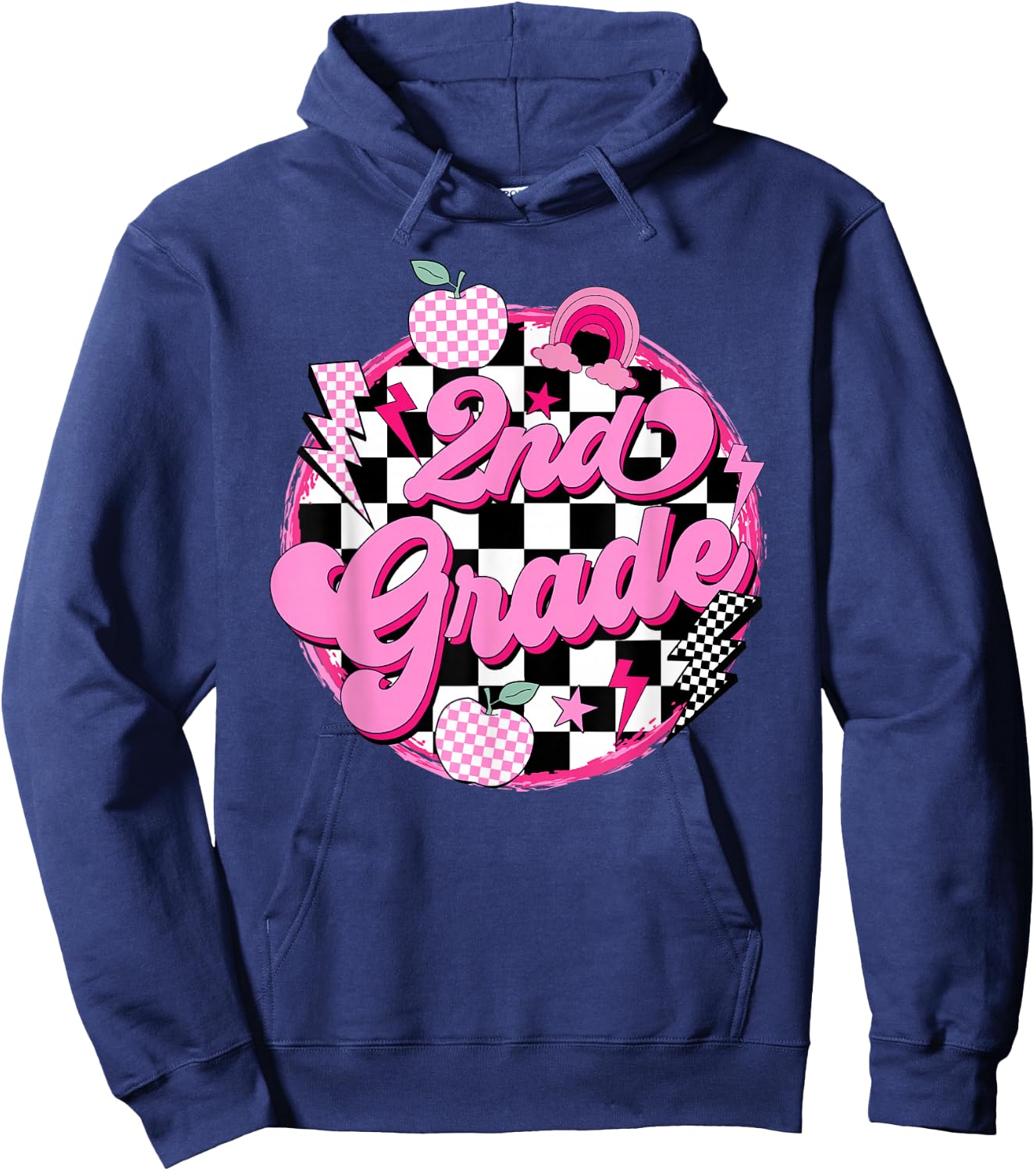 2nd Grade Teacher Women Retro Checkered First Day of School Hoodie - Hoodie | Navy