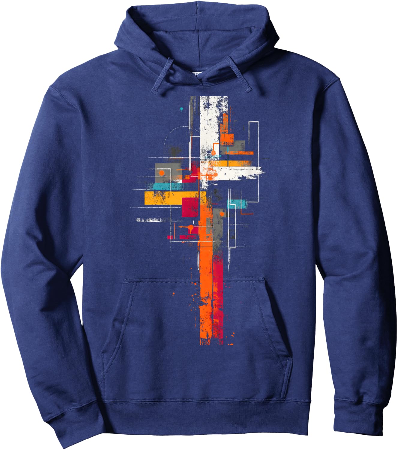 Grunge Abstract Geometric Cross, Orange Yellow Teal Graphic Hoodie - Hoodie | Navy