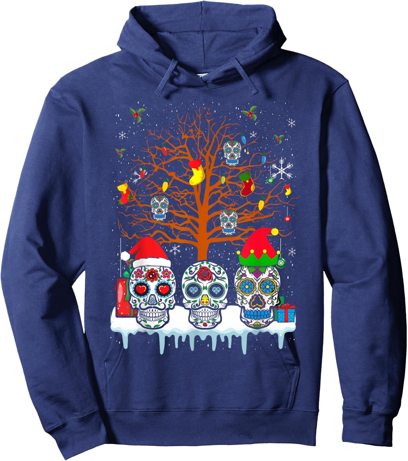 Christmas Sugar Skull On Tree Funny Santa Sugar Skull Hoodie - Hoodie | Navy