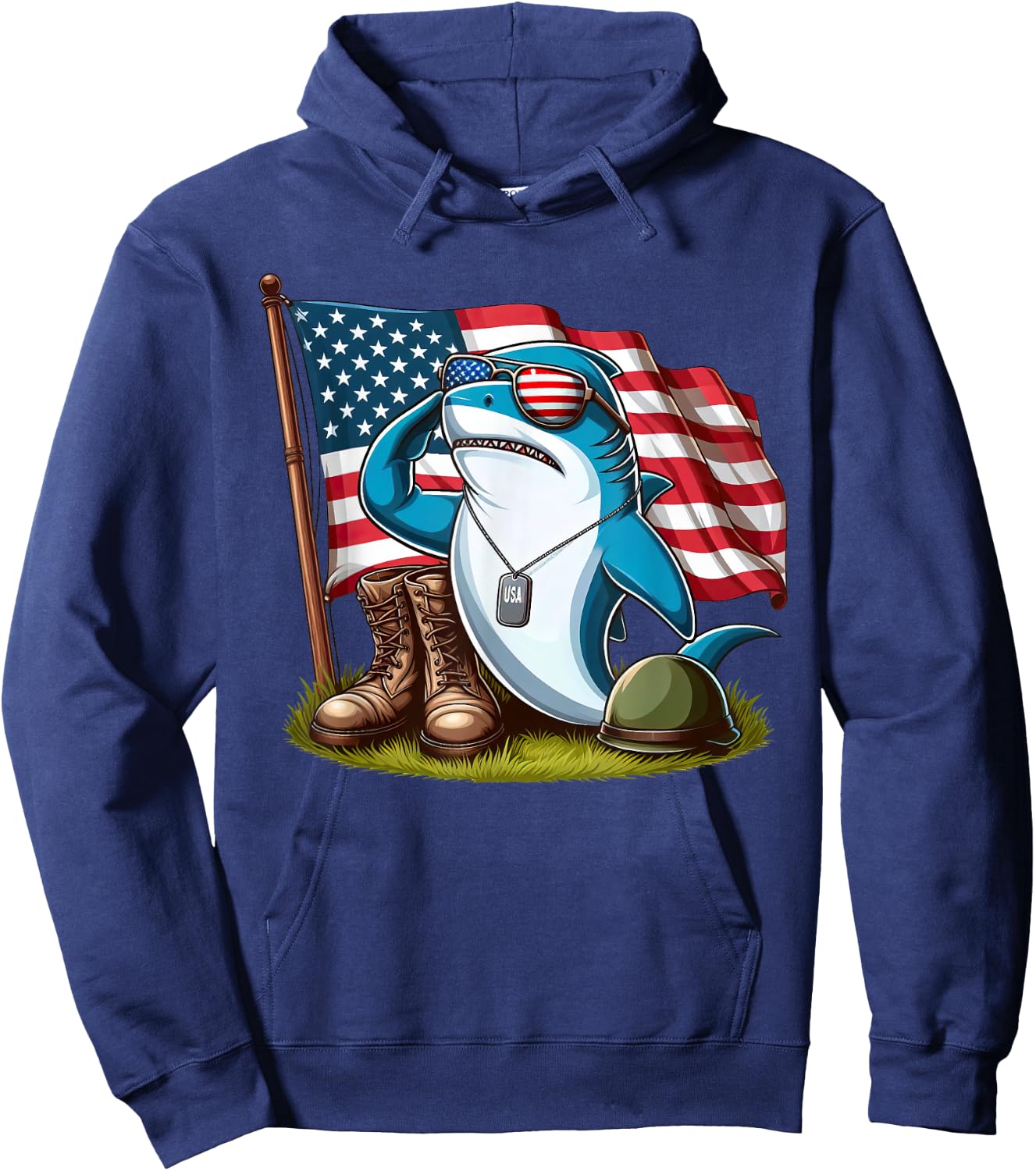 Salute Shark American USA Flag Memorial Day 4th of July Hoodie - Hoodie | Navy