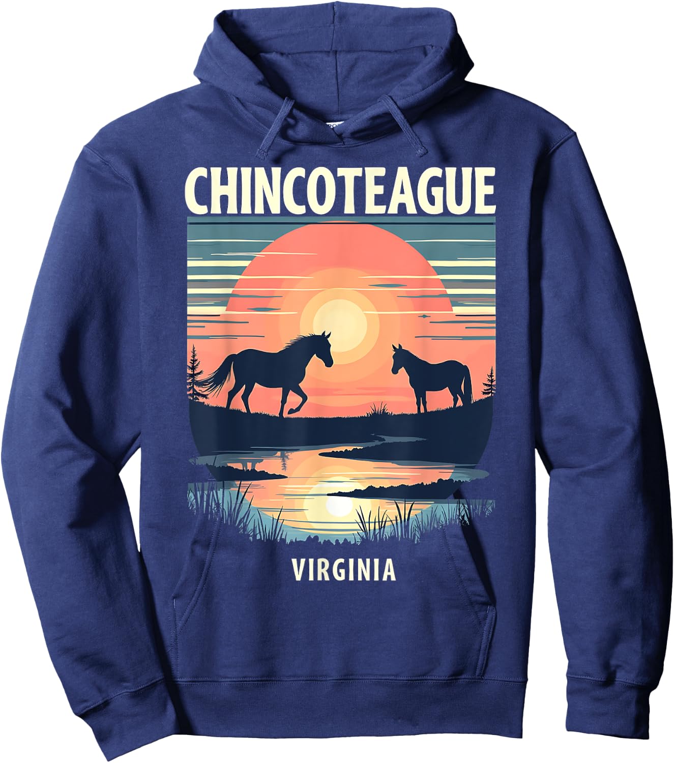 Retro Sunset Horse Silhouettes Chincoteague Virginia Hoodie - Hoodie | Navy