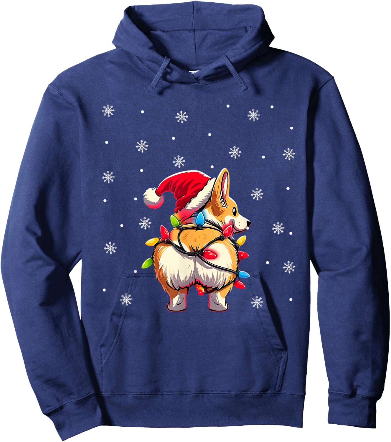 Corgi Butt Funny Santa Hat Christmas Snowflakes Lights Hoodie - Hoodie | Navy