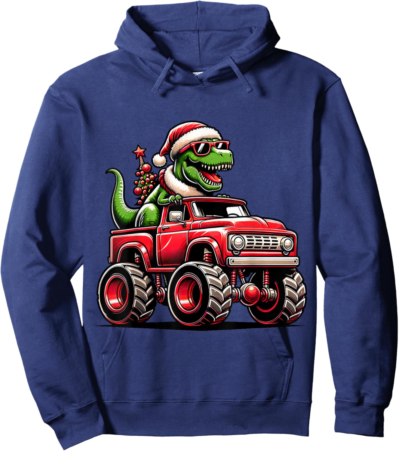 Christmas T Rex Monster Truck Boys Dinosaur Santa Xmas Funny Hoodie - Hoodie | Navy