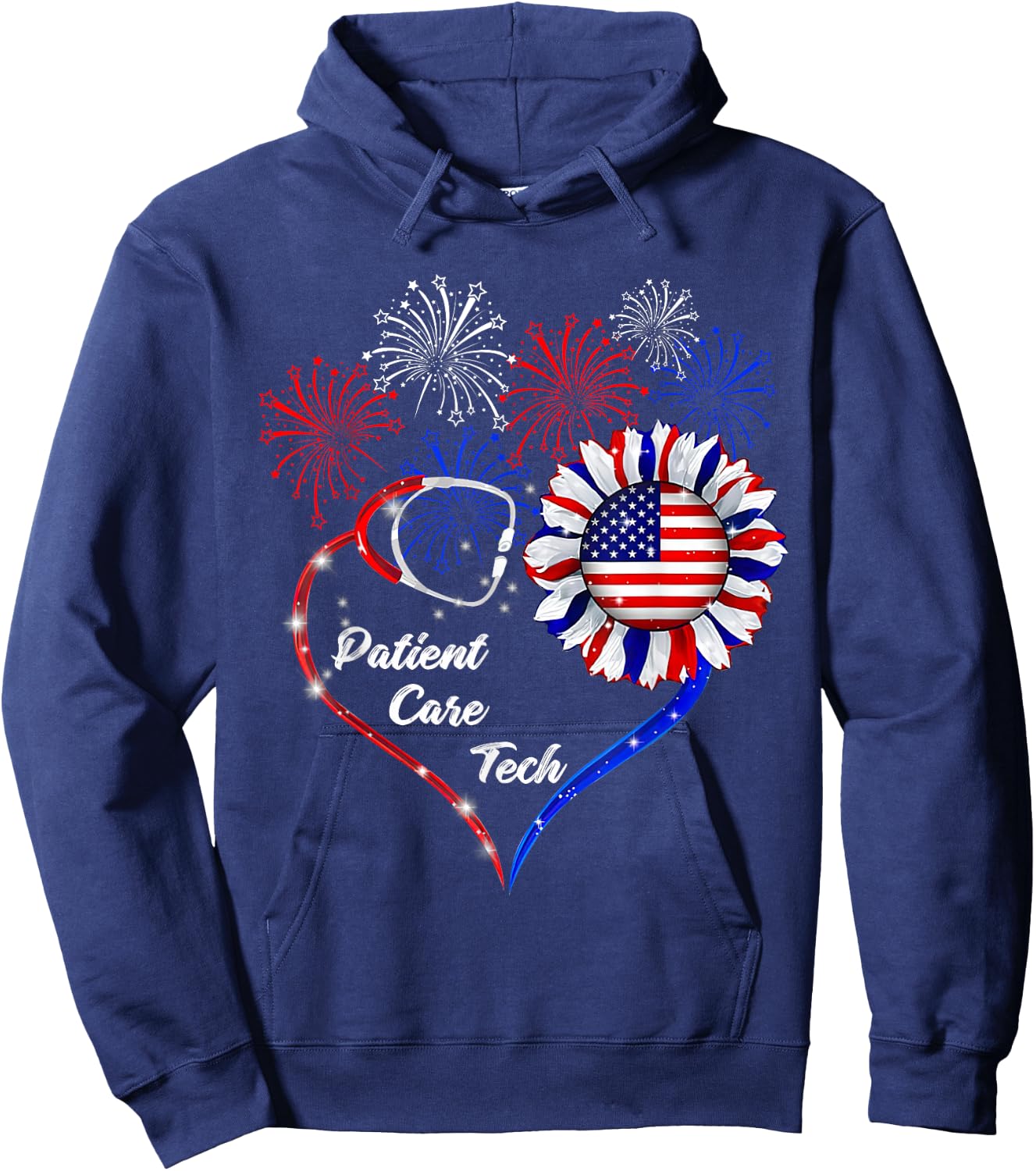 American Flag July 4th Firework Sunflower Patient Care Tech Hoodie - Hoodie | Navy