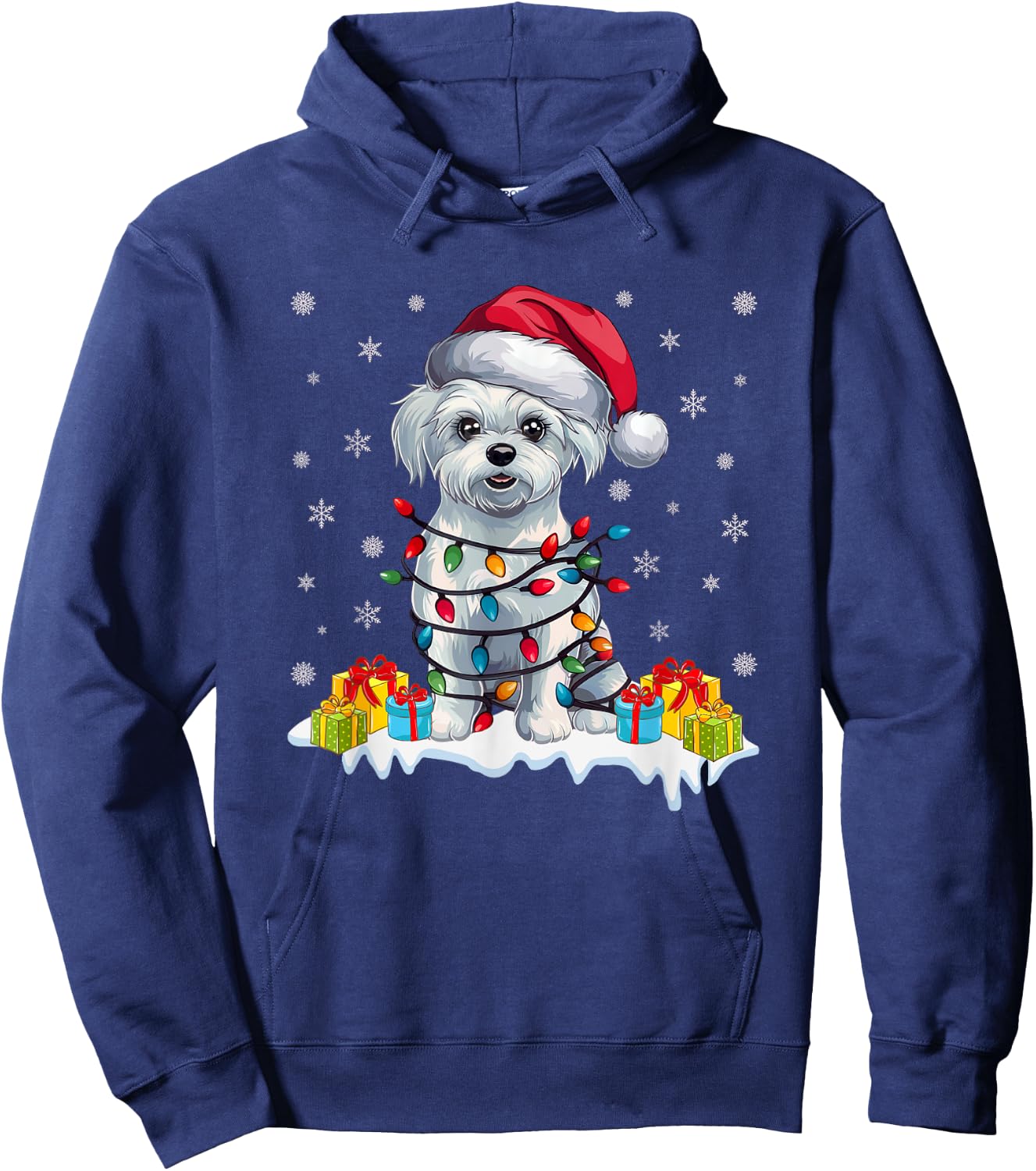 Xmas Lighting Maltese Dog Wearing Santa Hat Ugly Christmas Hoodie - Hoodie | Navy