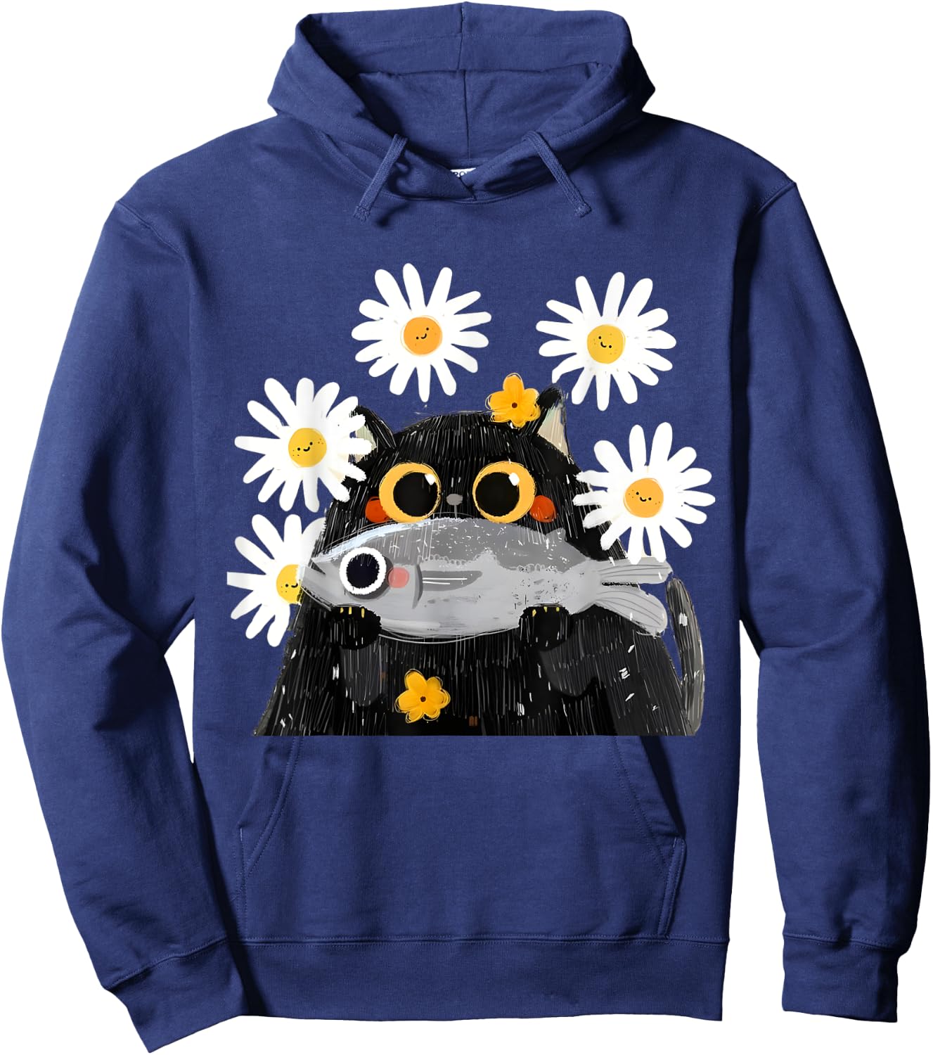 Cute Cat Holding Fish Cat Fish Lover Floral Cat Funny Kitty Hoodie - Hoodie | Navy