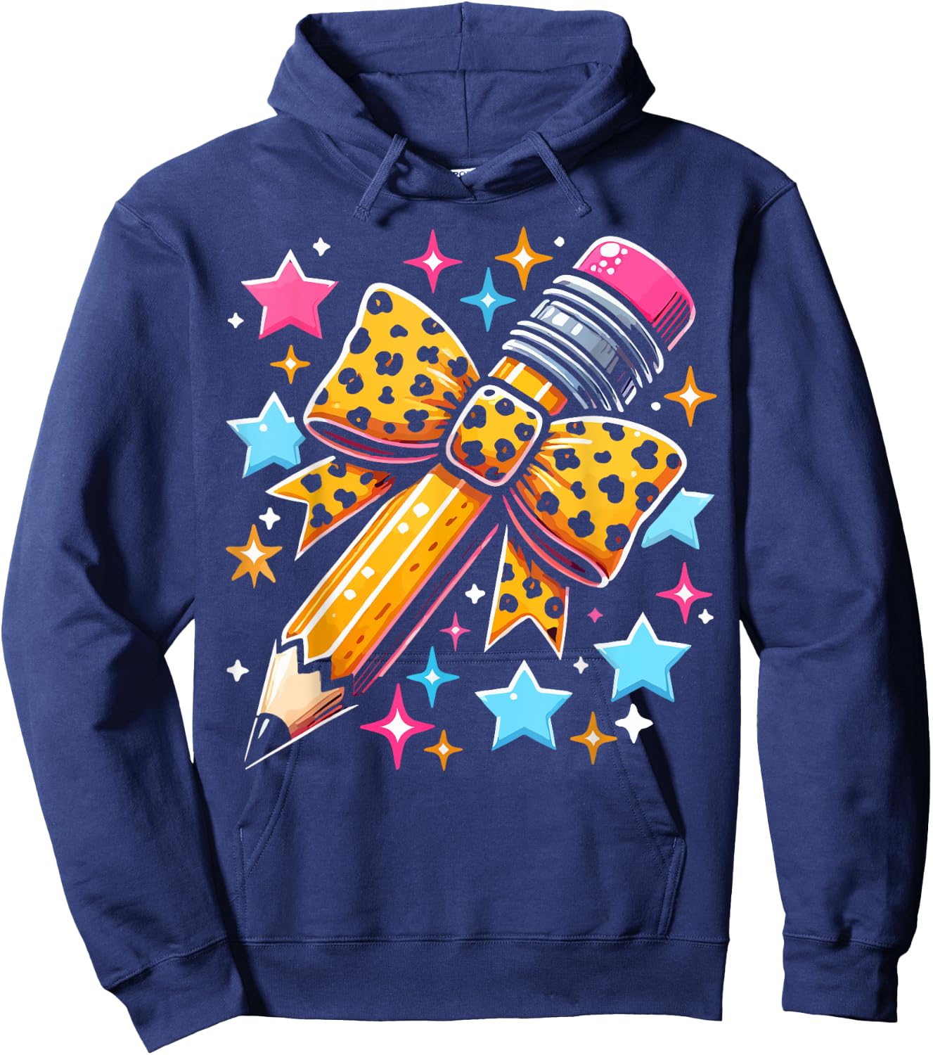 Pencil Leopard Coquette Bow Teacher Life Back To School Hoodie - Hoodie | Navy