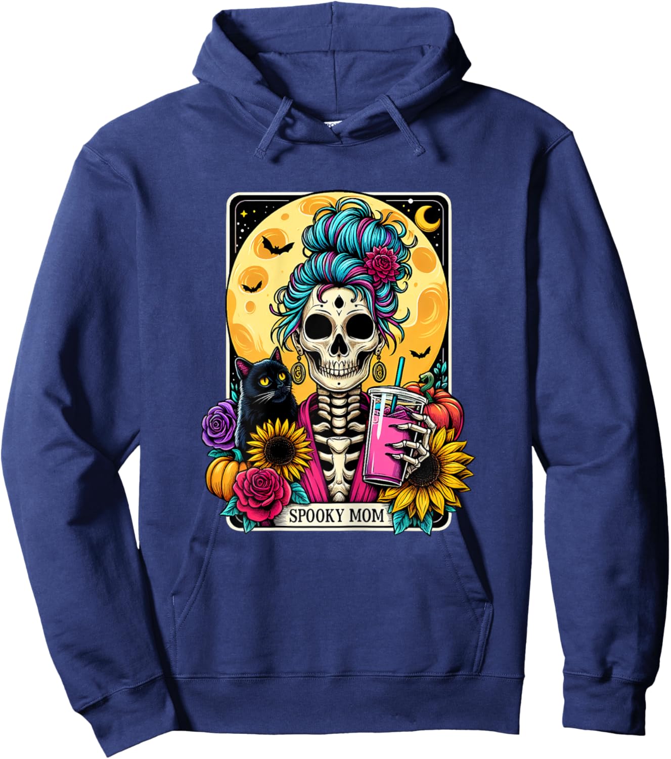 Spooky Mom Tarot Card Halloween Mom Skull Mama Black Cat Hoodie - Hoodie | Navy