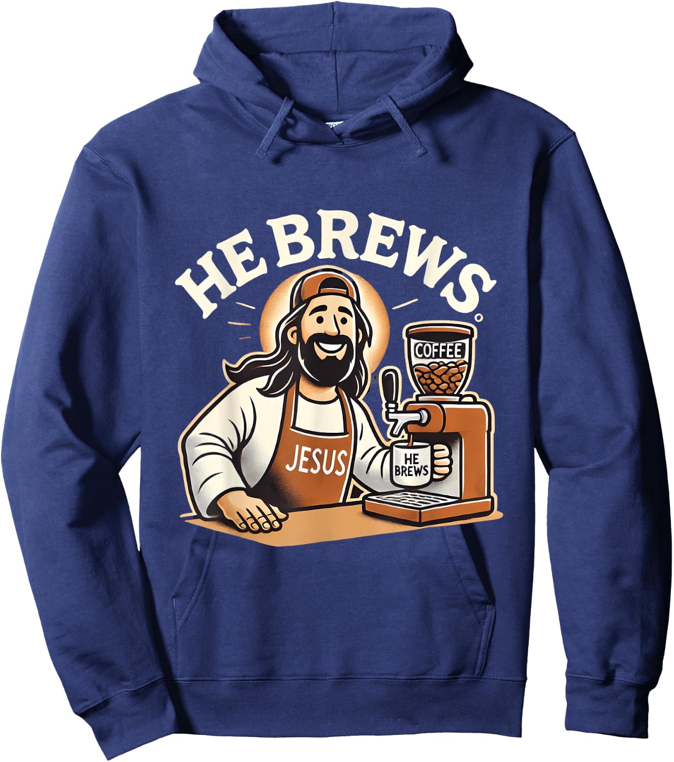 He Brews Coffee Jesus Cartoon Fun Christian Design Hoodie - Hoodie | Navy