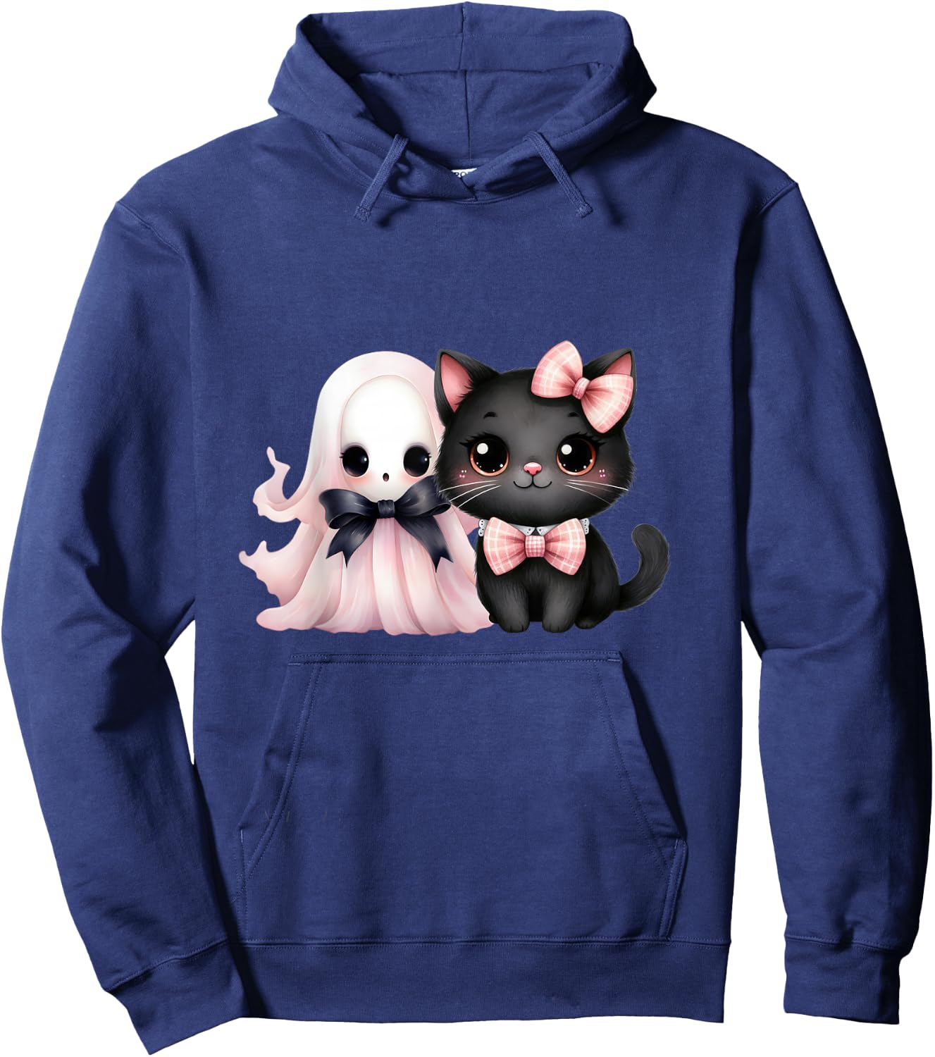 Black Cat Pink Ghost Halloween Pink Bows Coquette Girl Women Hoodie - Hoodie | Navy