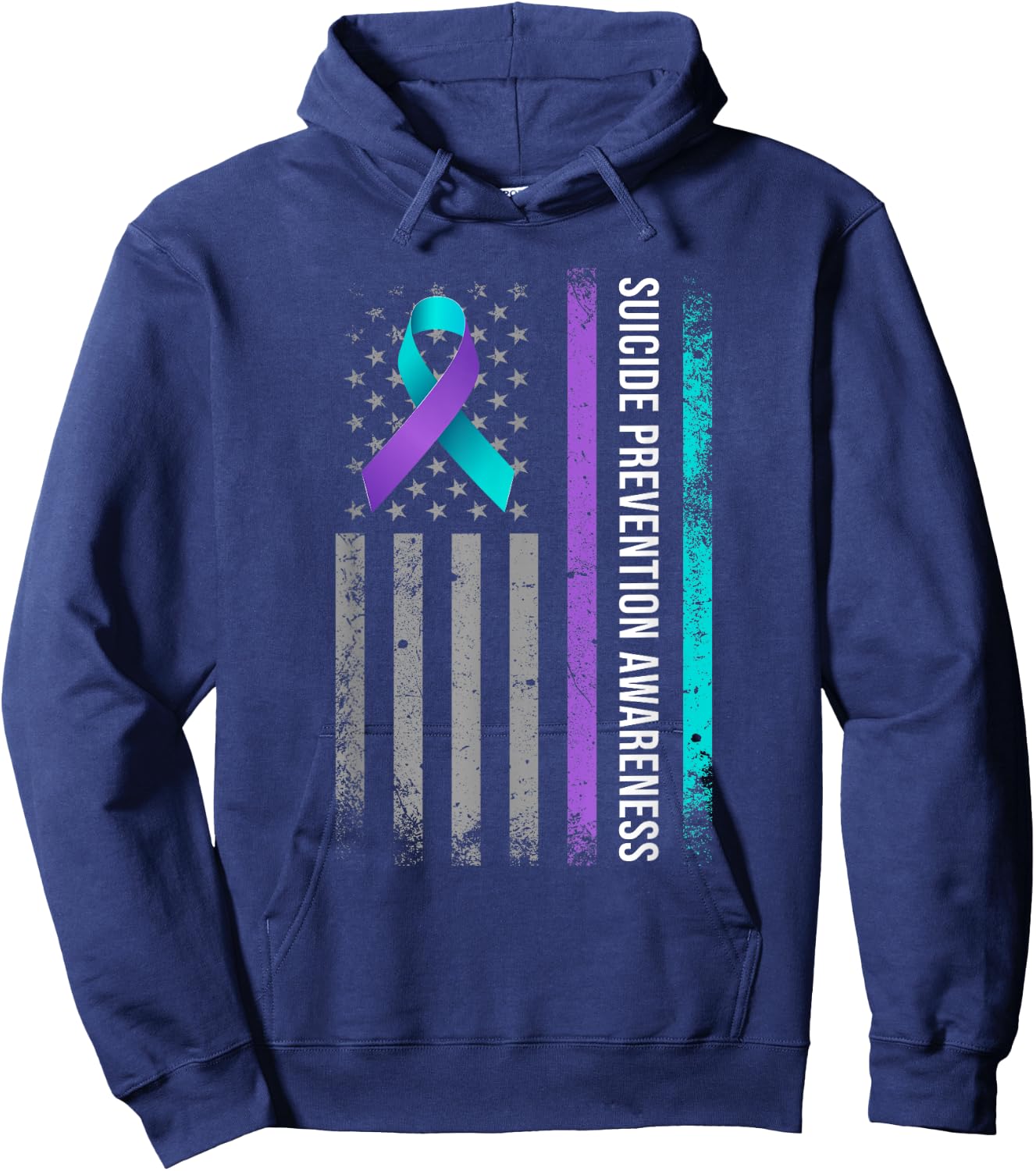 American Flag Suicide Prevention Awareness Teal and Purple Hoodie - Hoodie | Navy