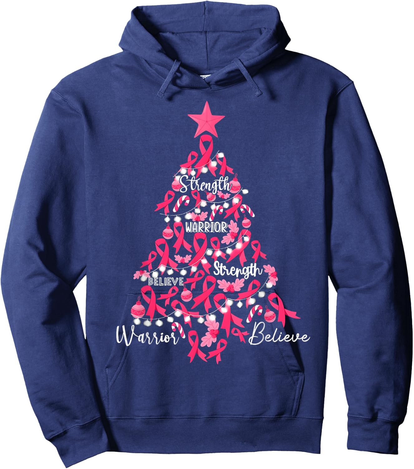 Breast Cancer Christmas Tree Pink Ribbon Fight Awareness Hoodie - Hoodie | Navy