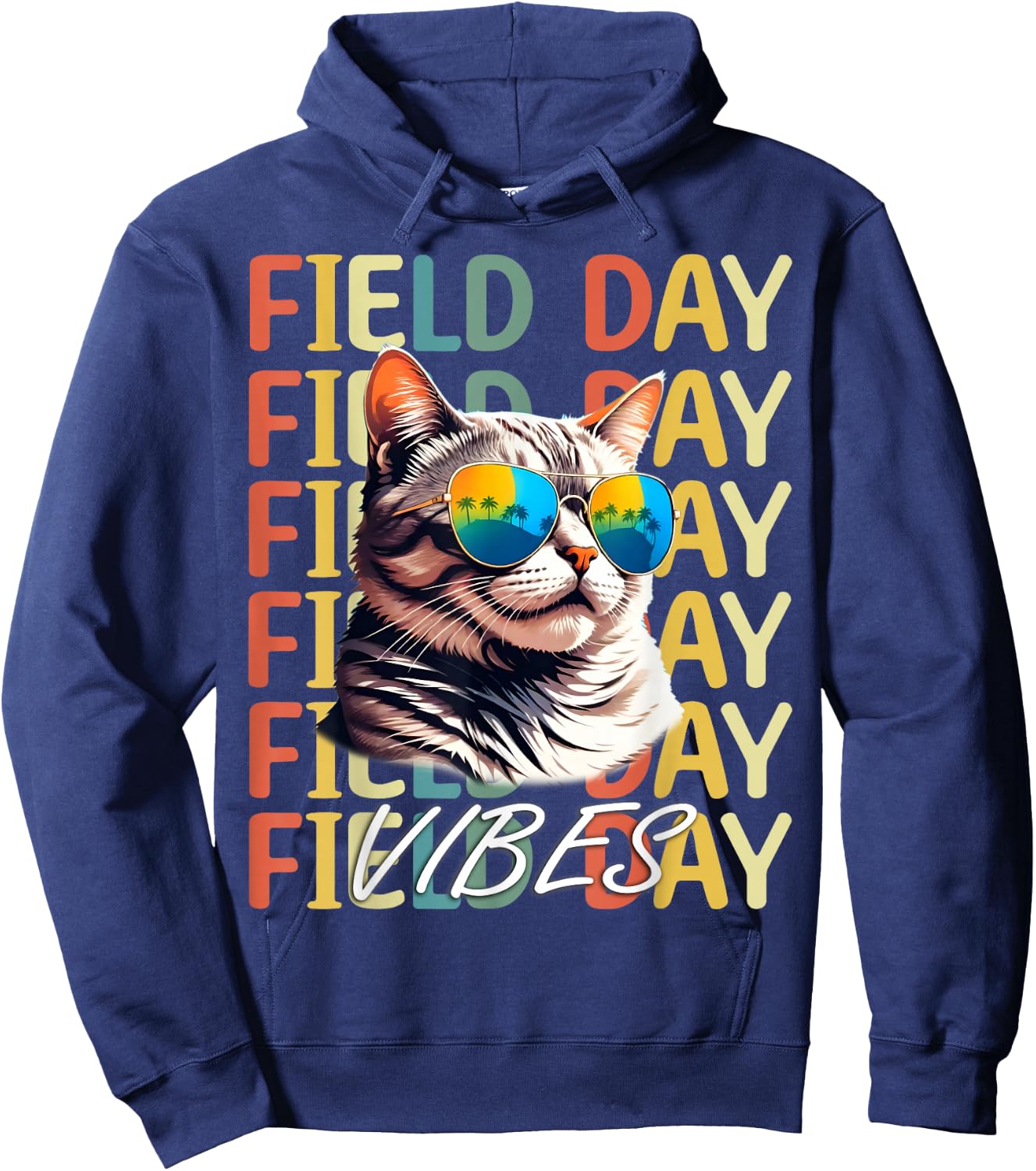 School field day Vibes Summer 2024 Retro Cat Teachers Kids Hoodie - Hoodie | Navy