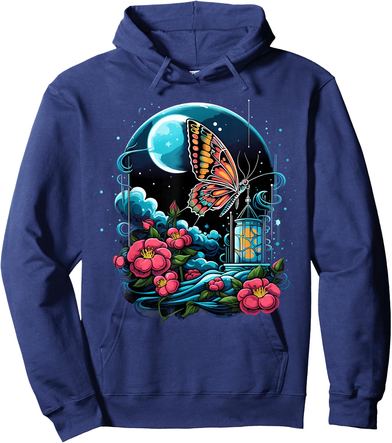 Butterfly Floral Colorful Artwork Moon Nature Animal Lovers Hoodie - Hoodie | Navy