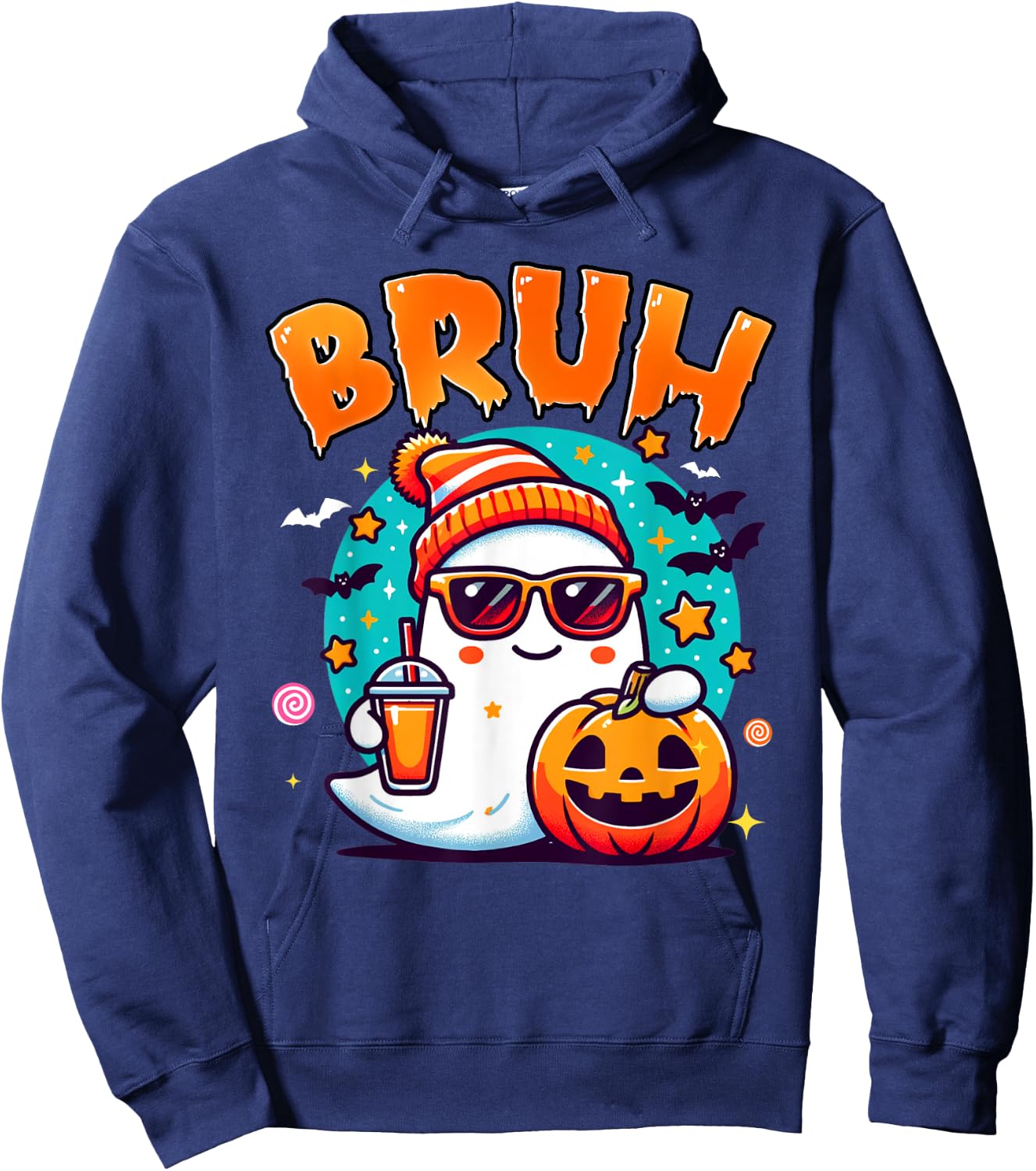 Bruh Ghost Halloween Cute Ghost Trick Or Treat Candy Kids Hoodie - Hoodie | Navy