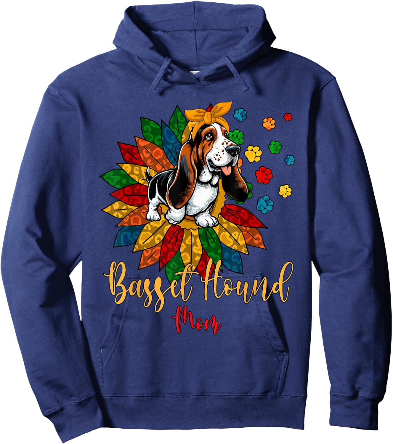 Basset Hound Mom Cute Colorful Leopard Sunflower Dog Paws Women Kids Hoodie - Hoodie | Navy