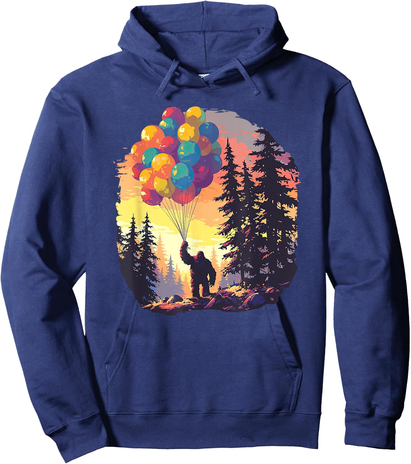 Bigfoot Forest Sunset Birthday Balloons Happy Bday Sasquatch Hoodie - Hoodie | Navy