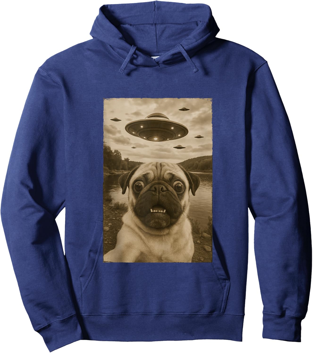Vintage Pug UFO Encounters - Funny UFO and Pug Selfie Hoodie - Hoodie | Navy