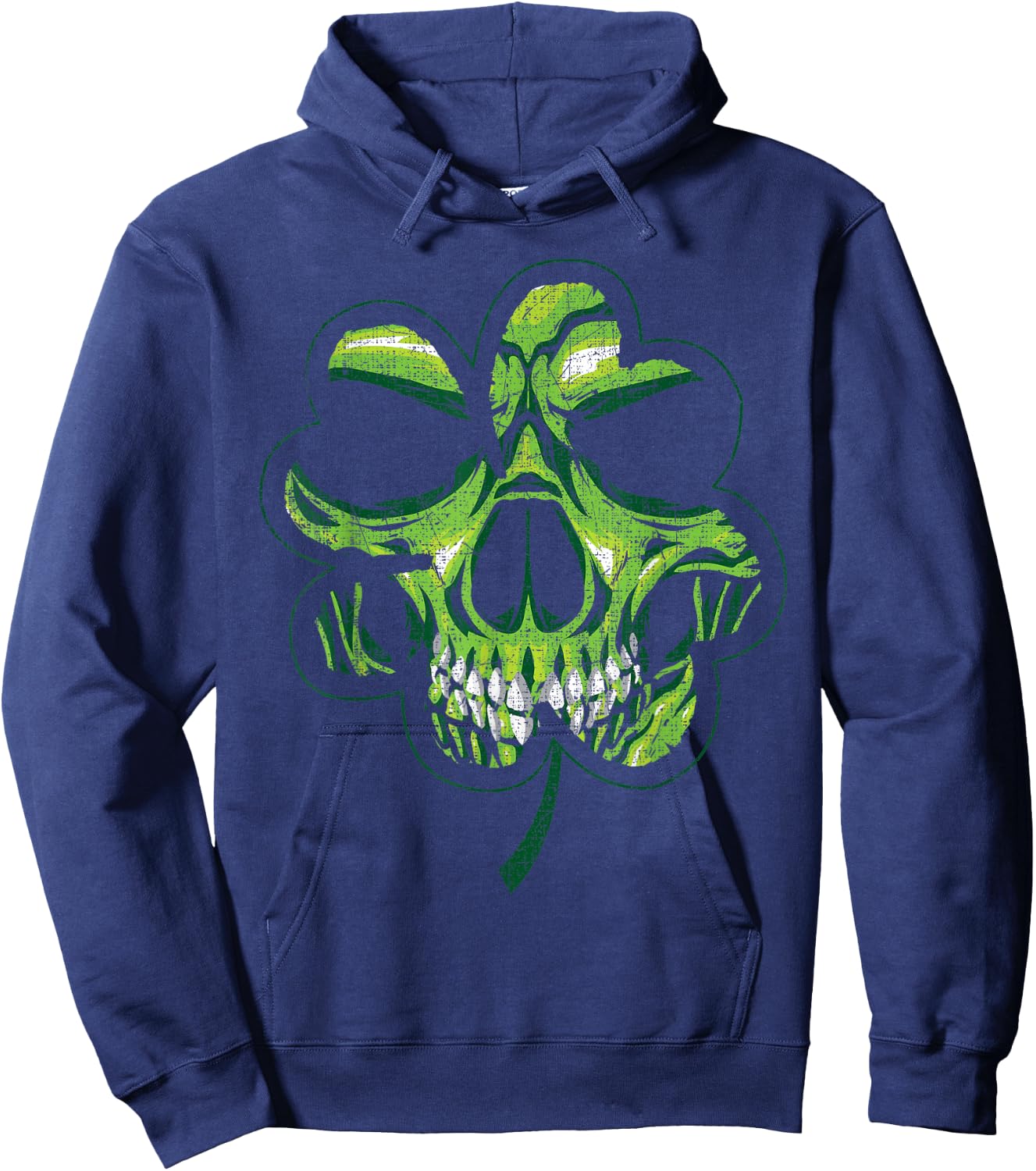 St. Patricks Day Shamrock Distressed Clover Biker Skull Hoodie - Hoodie | Navy
