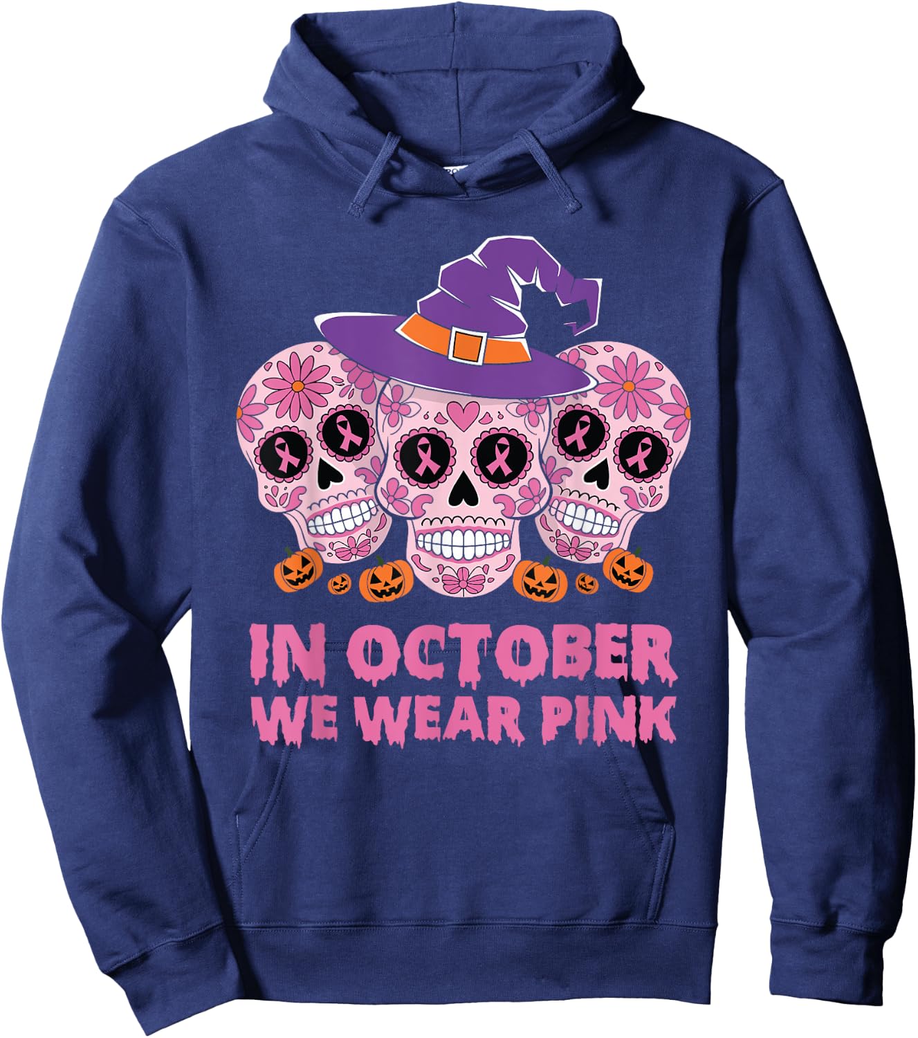 In October We Wear Pink Sugar Skull Breast Cancer Awareness Hoodie - Hoodie | Navy