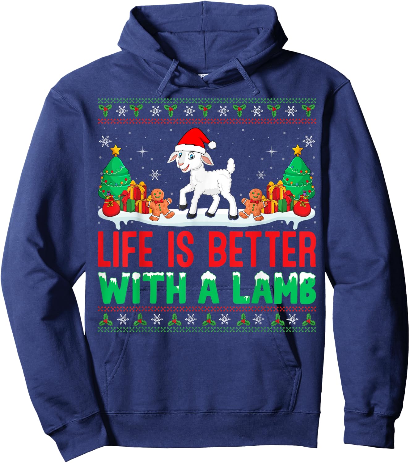 Life Is Better With A Lamb Santa Hat Ugly Christmas Lamb Hoodie - Hoodie | Navy