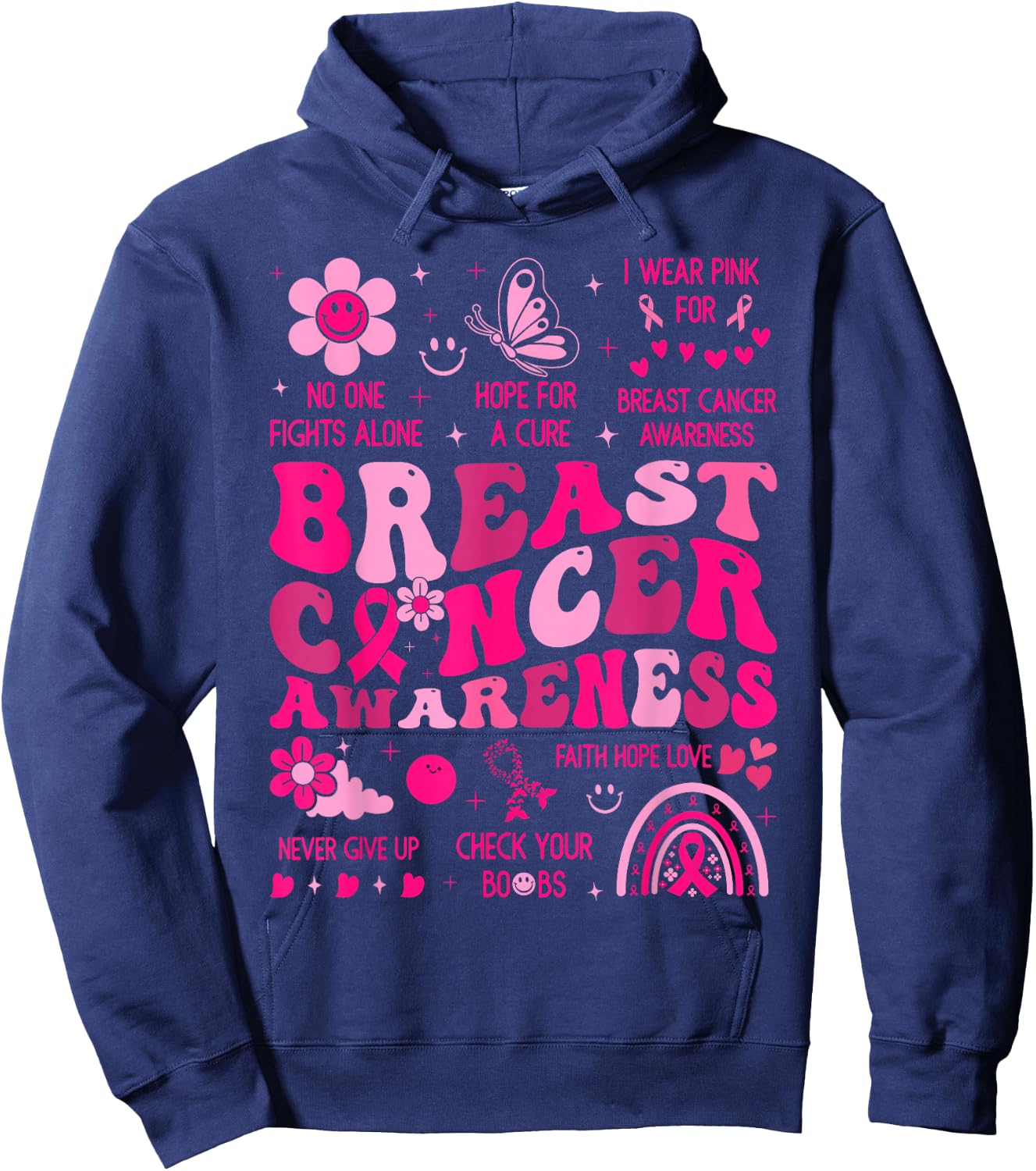 Groovy Breast Cancer Awareness Support Squad Women Girl Pink Hoodie - Hoodie | Navy