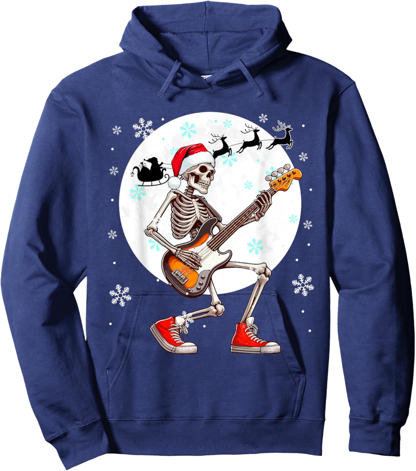 Christmas Santa Skeletons Playing Guitar Bass Guitarist Hoodie - Hoodie | Navy