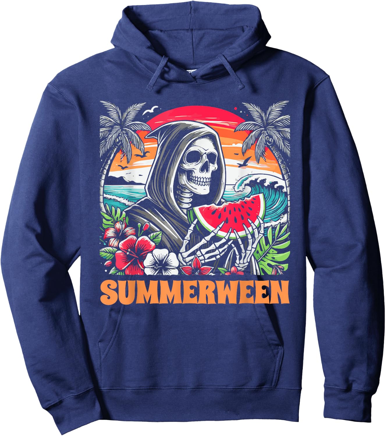 Summerween Skeleton Tropical Beach Scene Hoodie - Hoodie | Navy