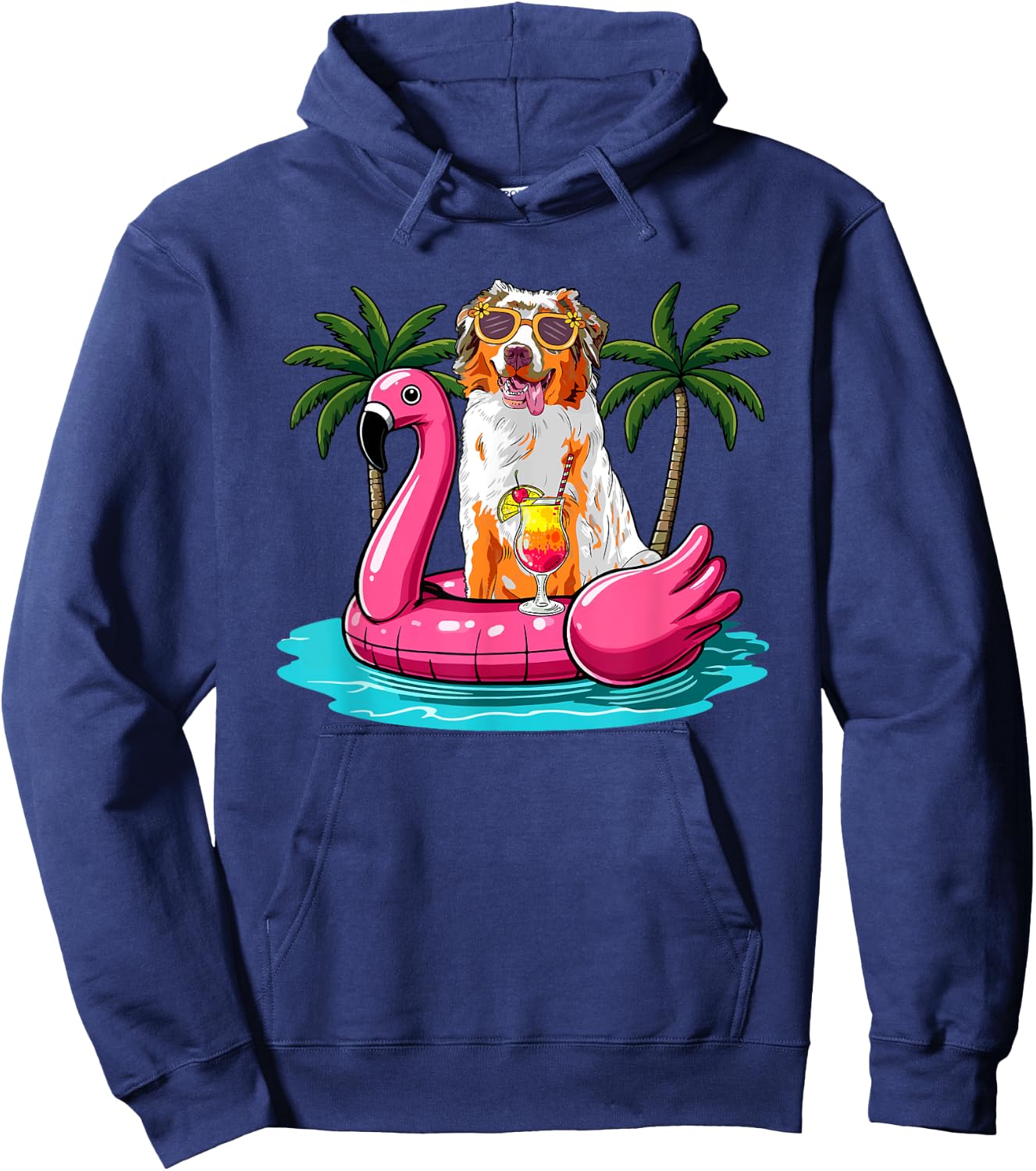 Australian Shepherd Sunglasses On Flamingo Cute Float Lover Hoodie - Hoodie | Navy