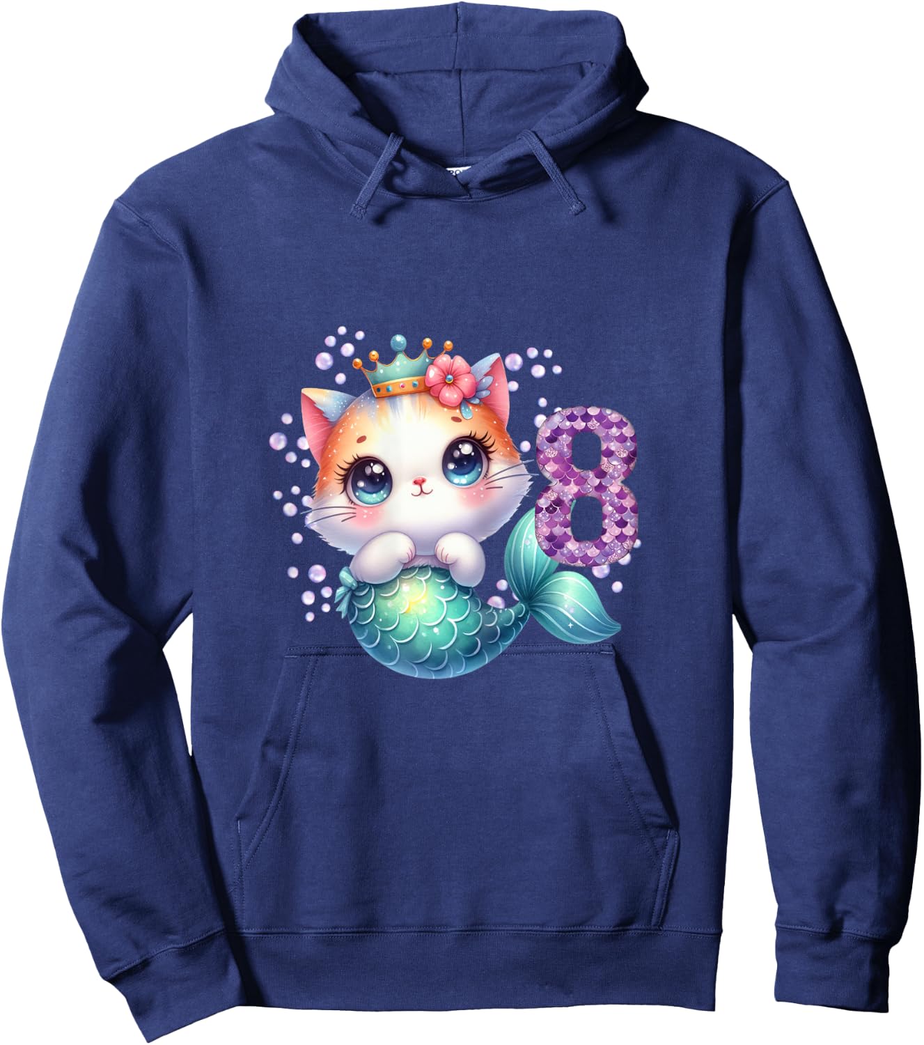 Cat Mermaid 8th Birthday 8 Year Old Party Girls Outfit Hoodie - Hoodie | Navy