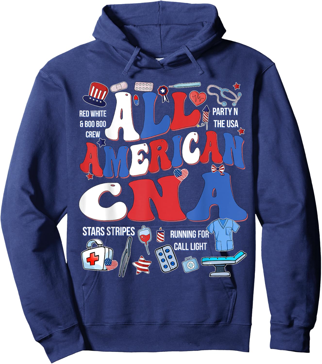 All American CNA 4th Of July Scrub Top Patriot Women RN CNA Hoodie - Hoodie | Navy