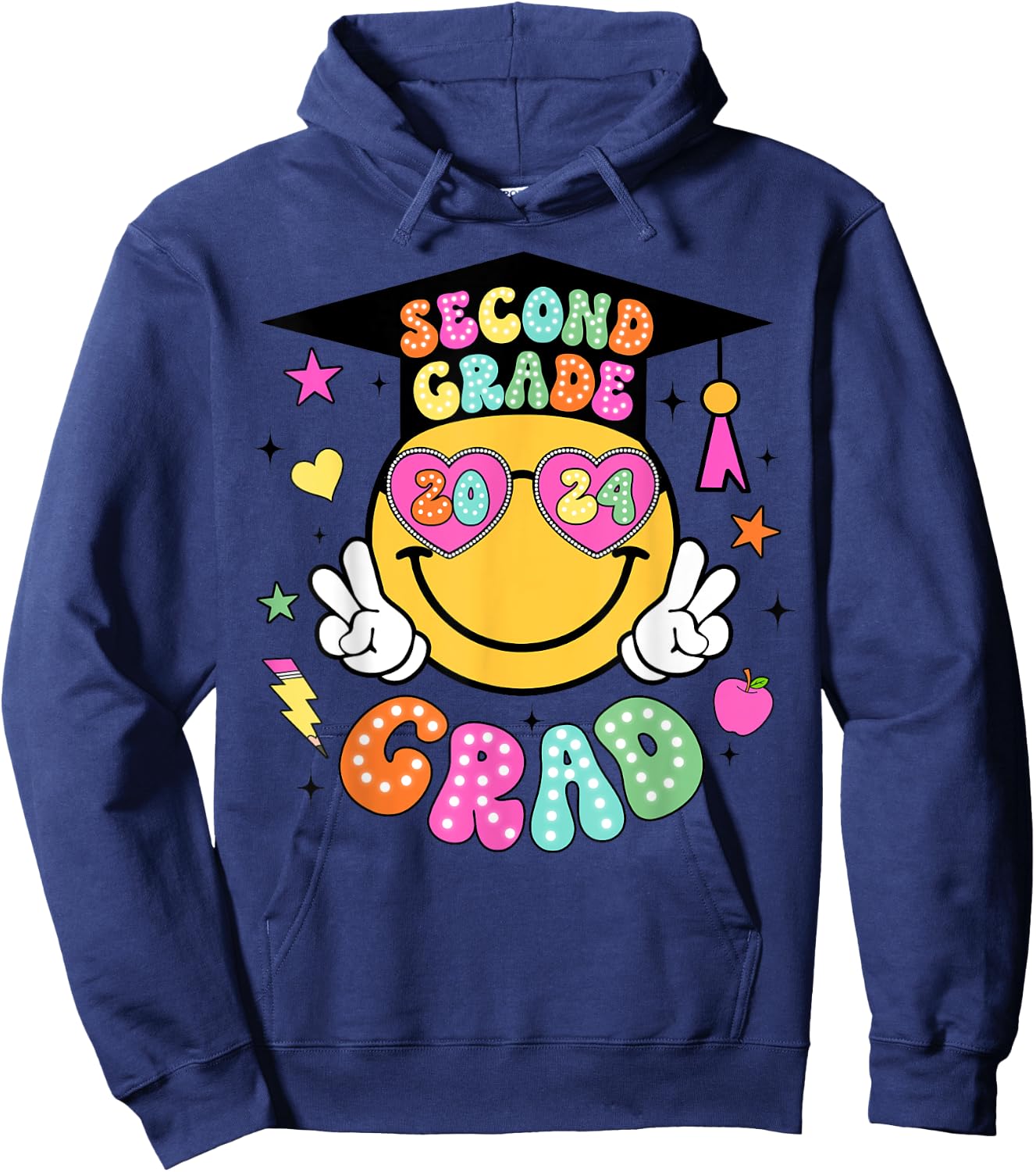 Groovy 2nd Grade Graduate Happy Face Graduation 2024 Grad Hoodie - Hoodie | Navy