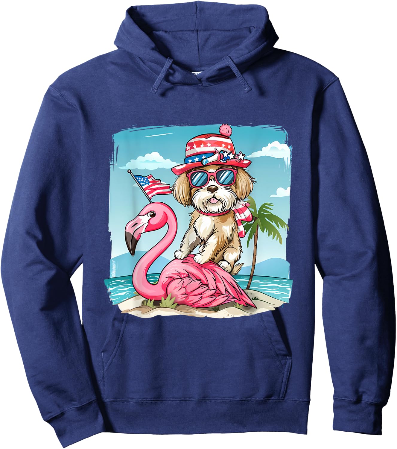 Fourth Of July Flamingo Dog USA American Flag 4th Of July Hoodie - Hoodie | Navy