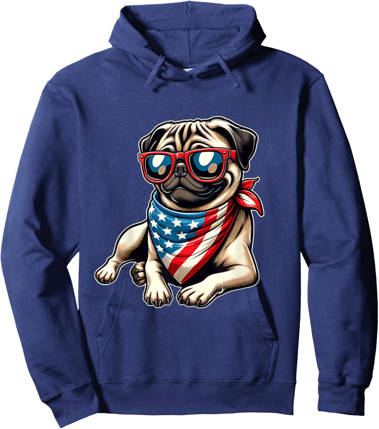 Pug with Bandana Sunglasses 4th of July US Dog American Flag Hoodie - Hoodie | Navy