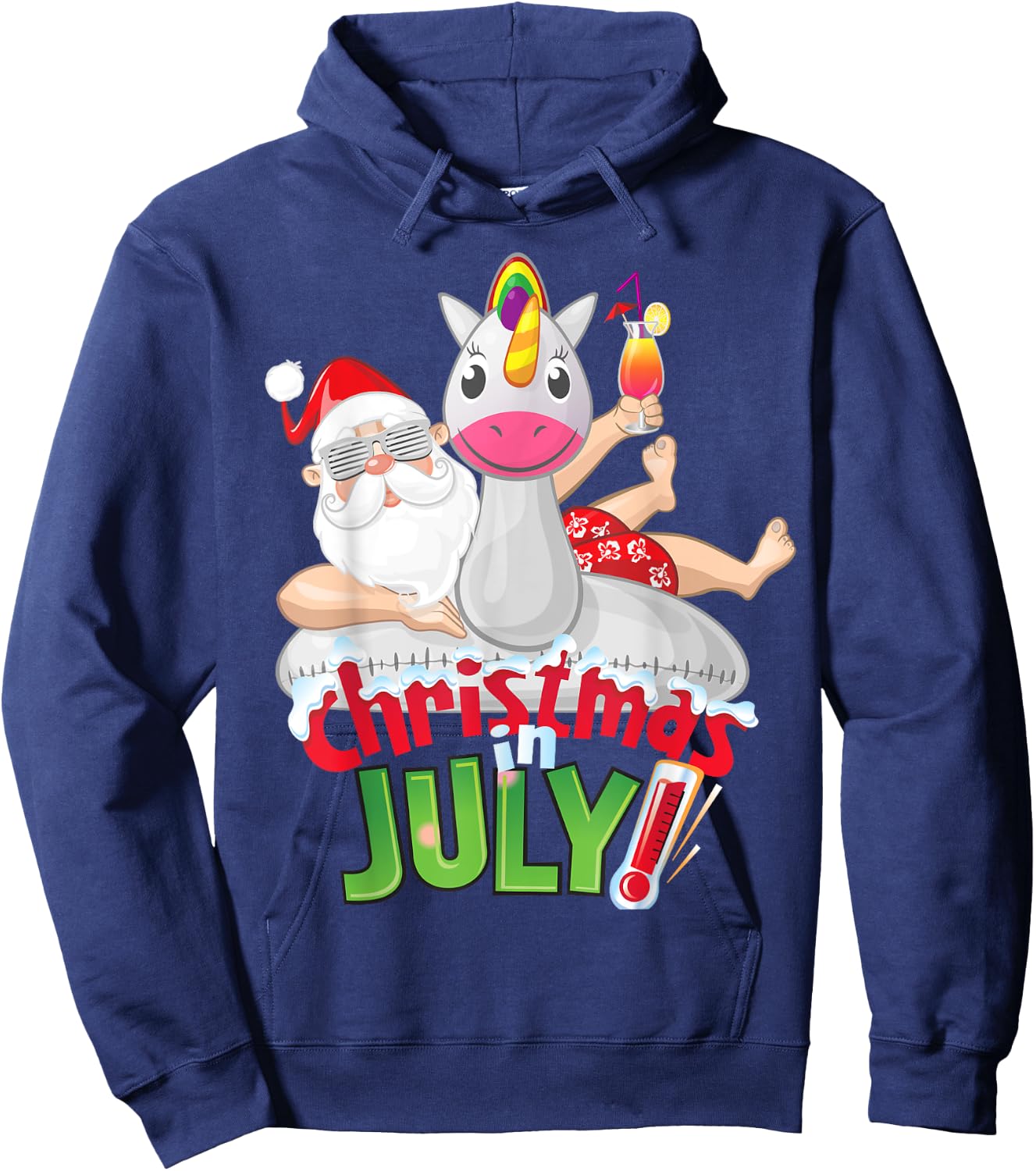 Funny Christmas in July Shirt Summer Unicorn Float Xmas Women Kids Hoodie - Hoodie | Navy