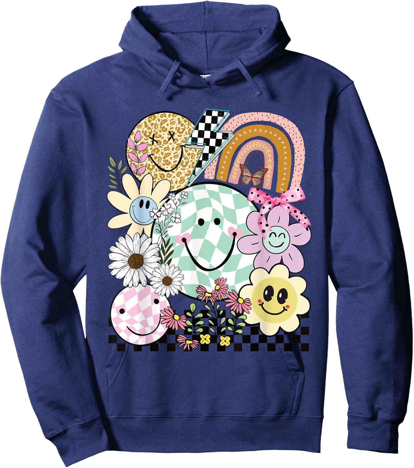 Funny Checkered Happy Smiling Smile Face Daisy Flower Girl Hoodie - Hoodie | Navy