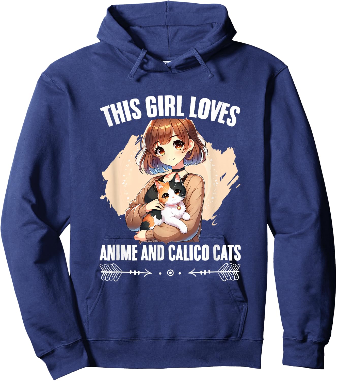Kawaii Feline Animal Japan Anime Girl And Calico Cat Girl Hoodie - Hoodie | Navy