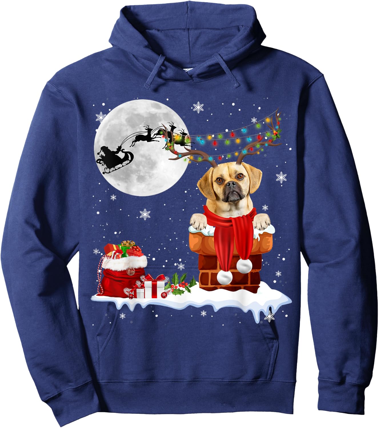 Puggle Dog Chimney Ugly Christmas Lights Xmas Pajamas Men Women Kids Hoodie - Hoodie | Navy