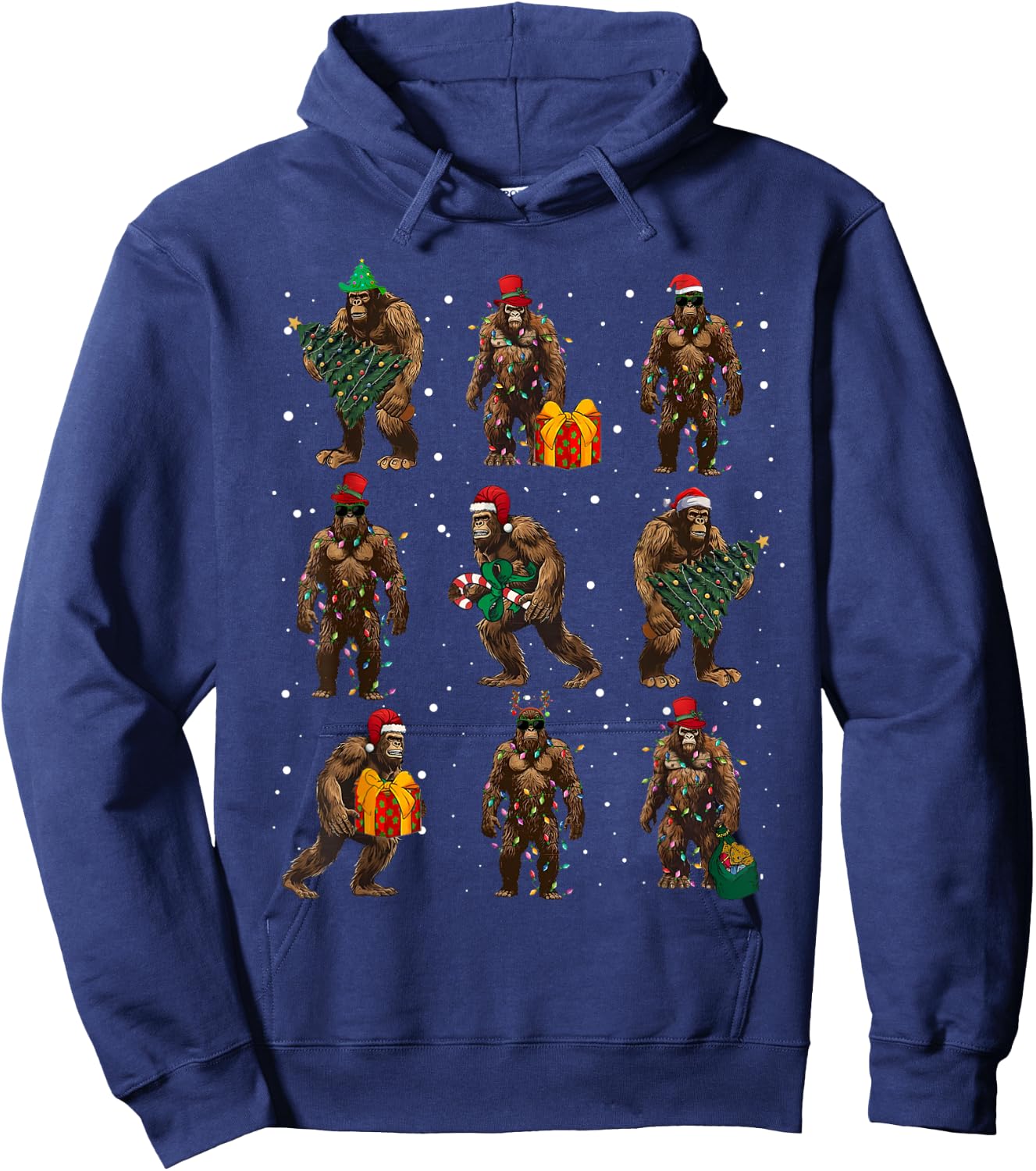 Bigfoot Christmas Tree Lights Xmas Decorations Boys Men PJ Hoodie - Hoodie | Navy