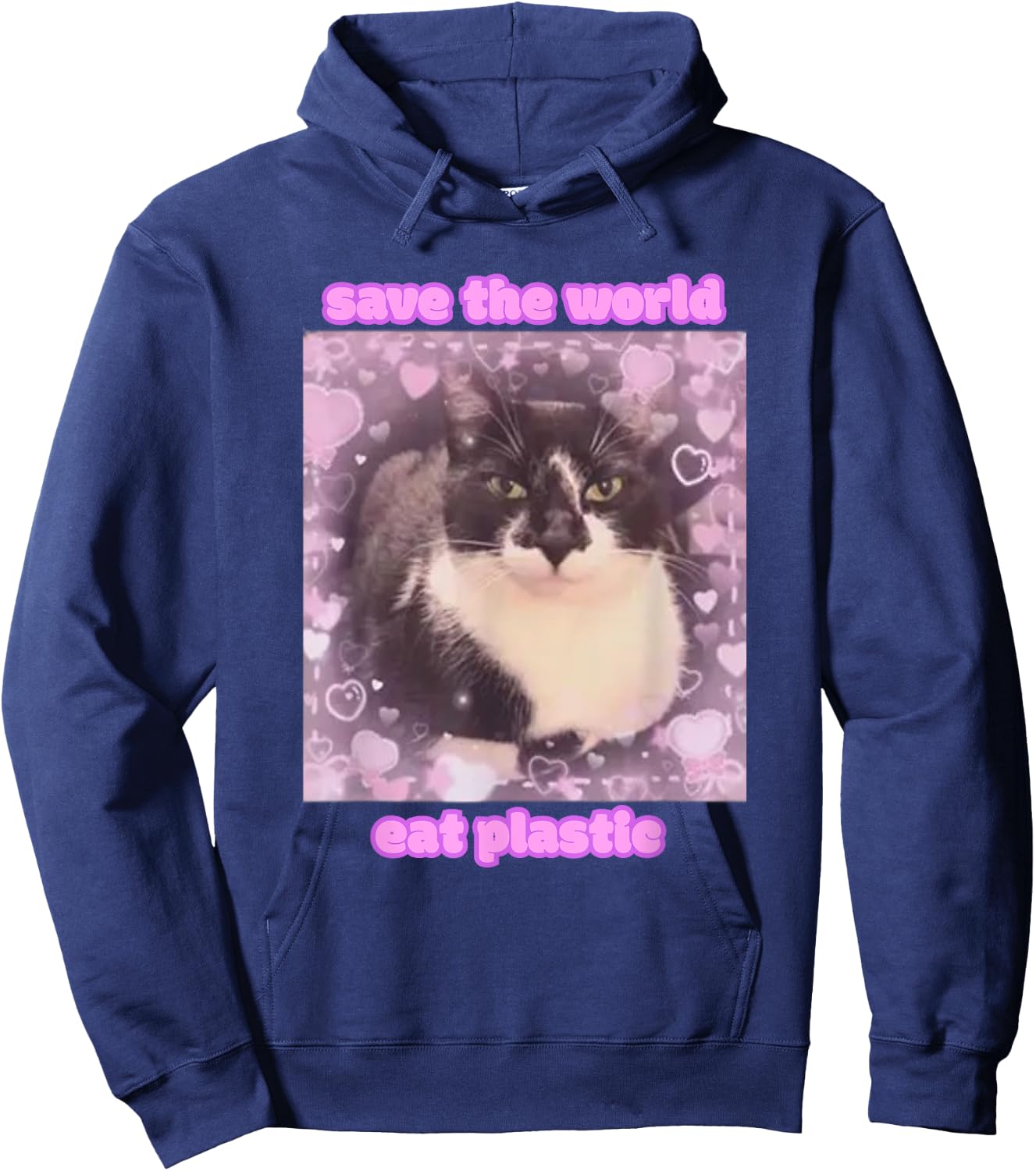 Cat Graphic with Funny Slogan Save The World Eat Plastic y2k Hoodie - Hoodie | Navy