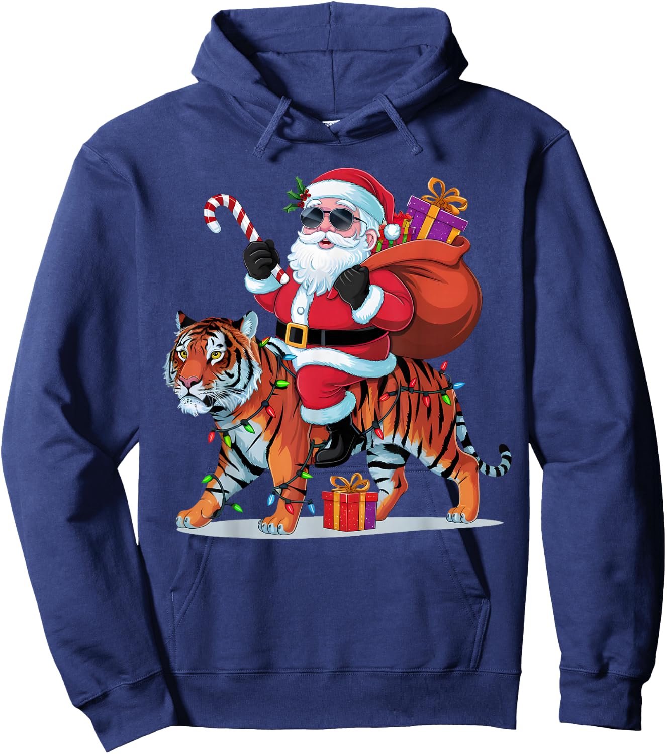 Tiger Lover Xmas Lighting Santa Riding Tiger Christmas Hoodie - Hoodie | Navy