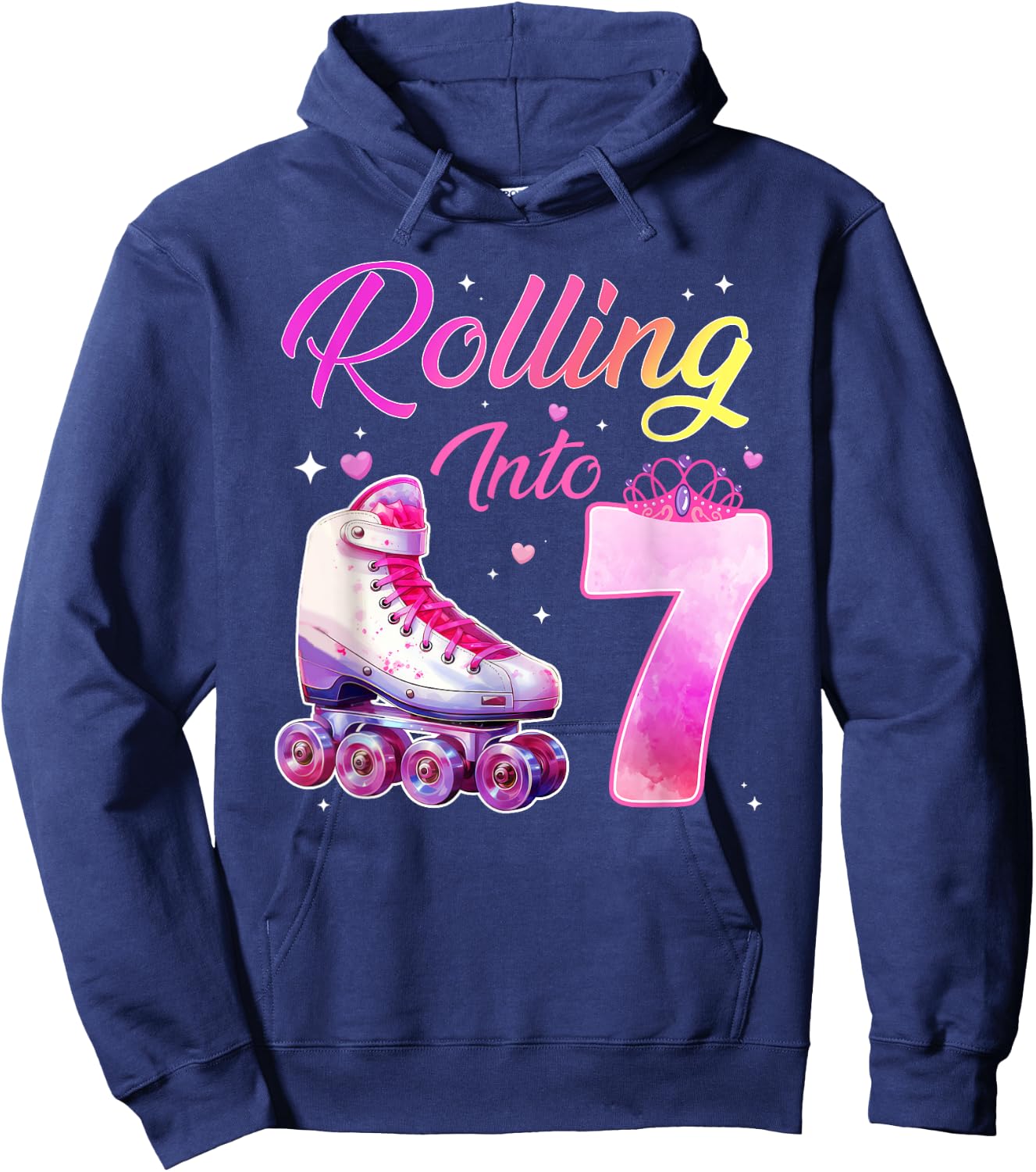 Rolling Into 7 Girl 7th Birthday Roller Skating Hoodie - Hoodie | Navy